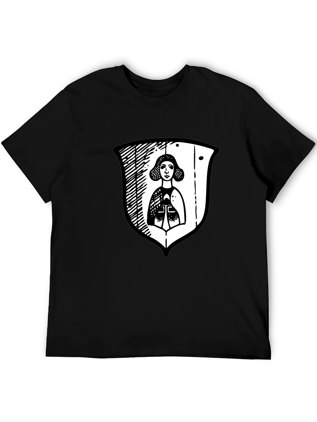 Black Graphic Tee with Medieval Lady Shield