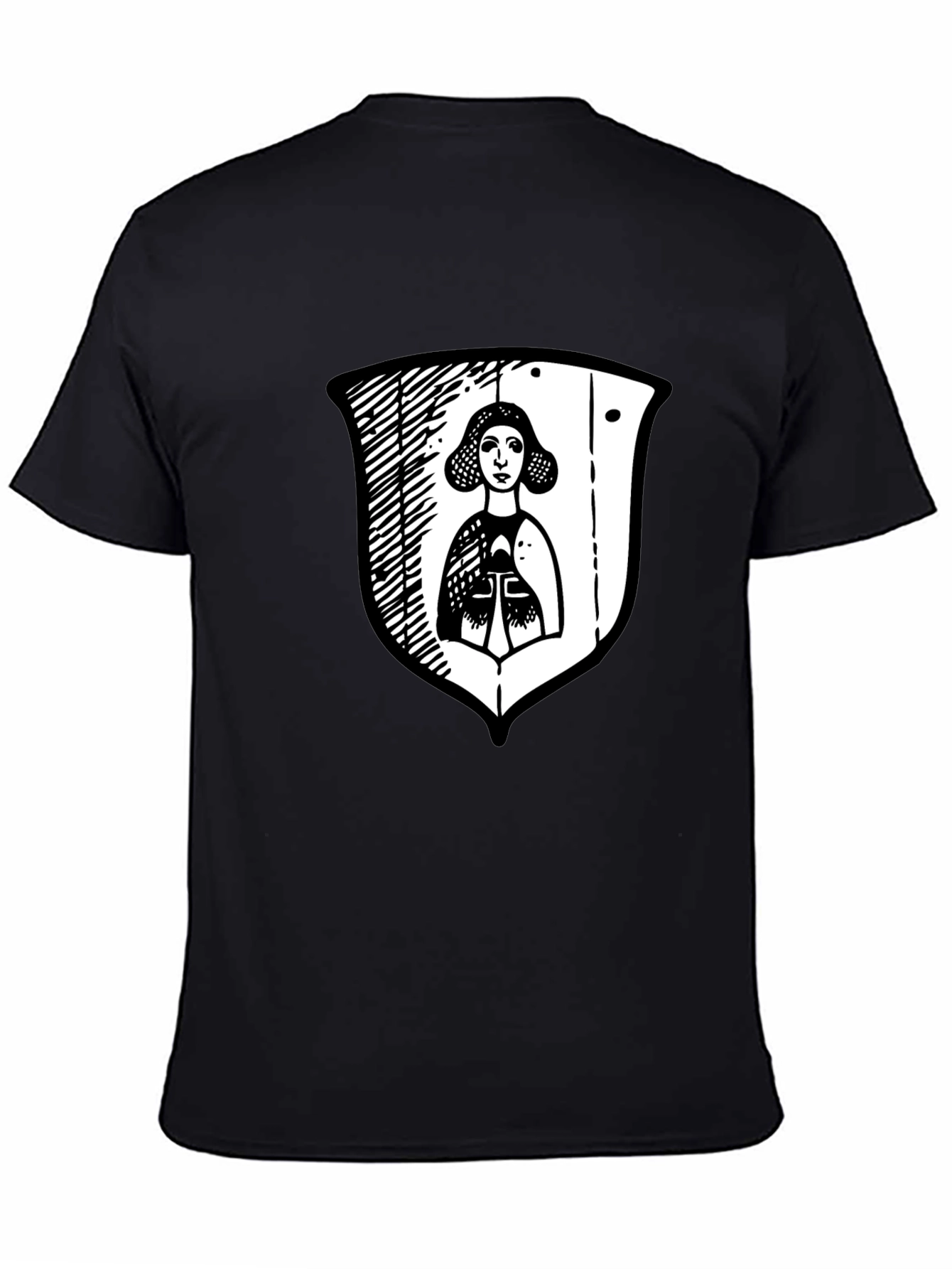Black Graphic Tee with Medieval Lady Shield