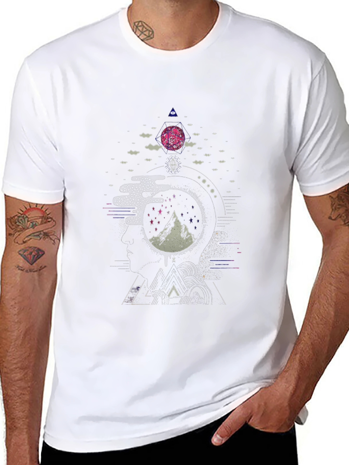Geometric Mountain & Moon Graphic Black Tee