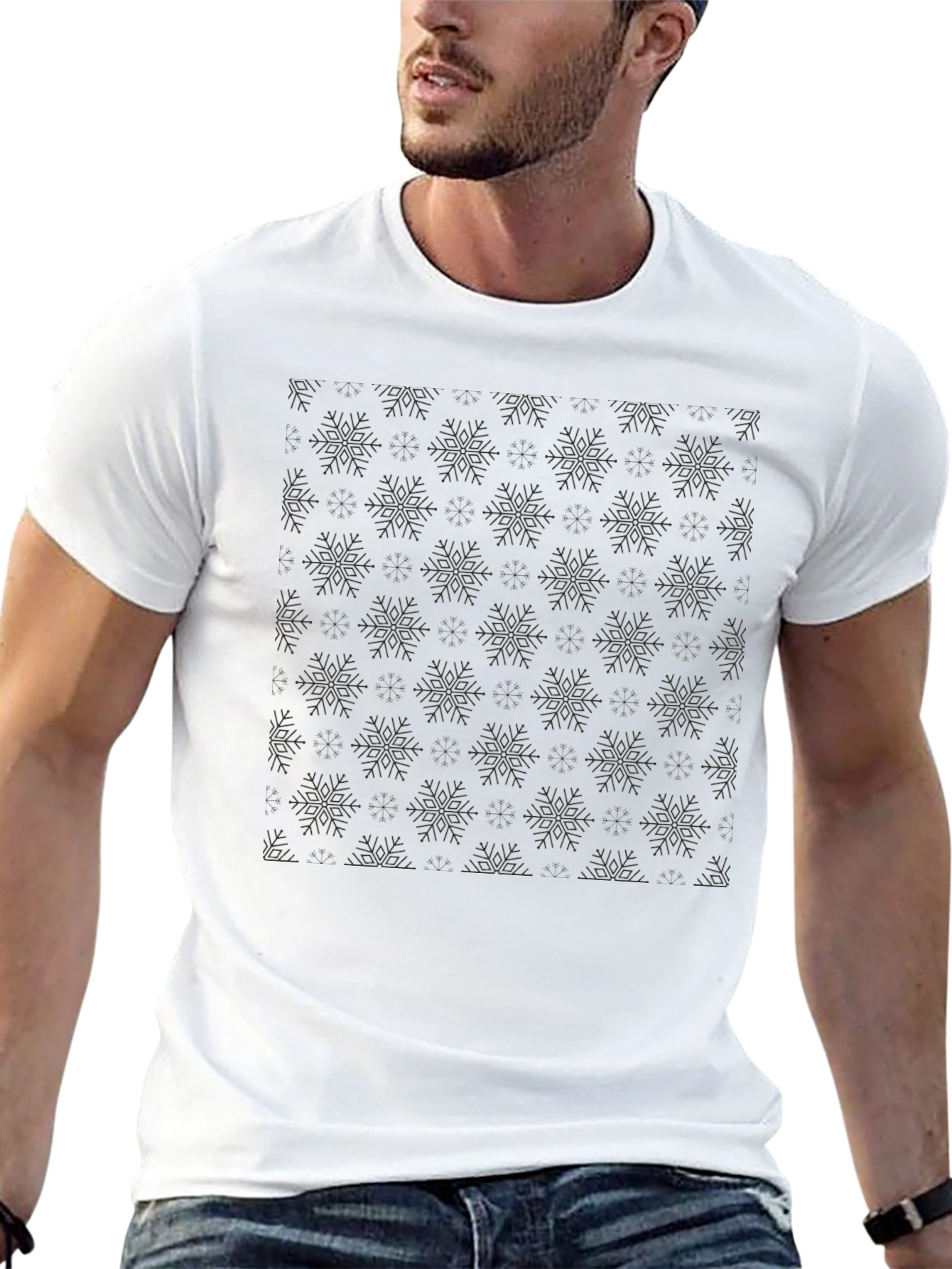 Mens Black Snowflake Pattern Crew Neck T-Shirt