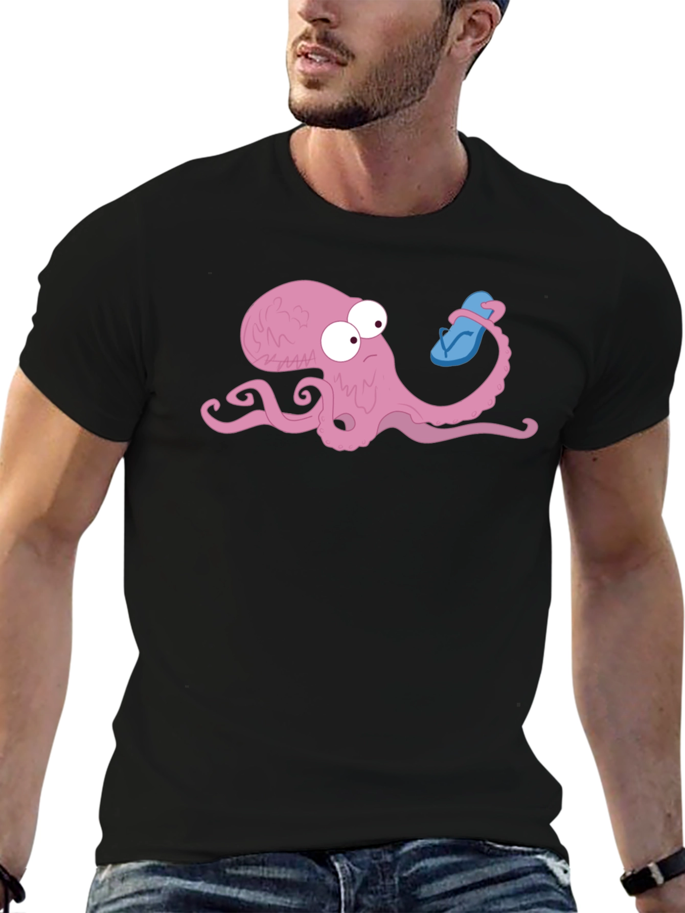 Octopus with Flip Flop Graphic Tee - Black Cotton