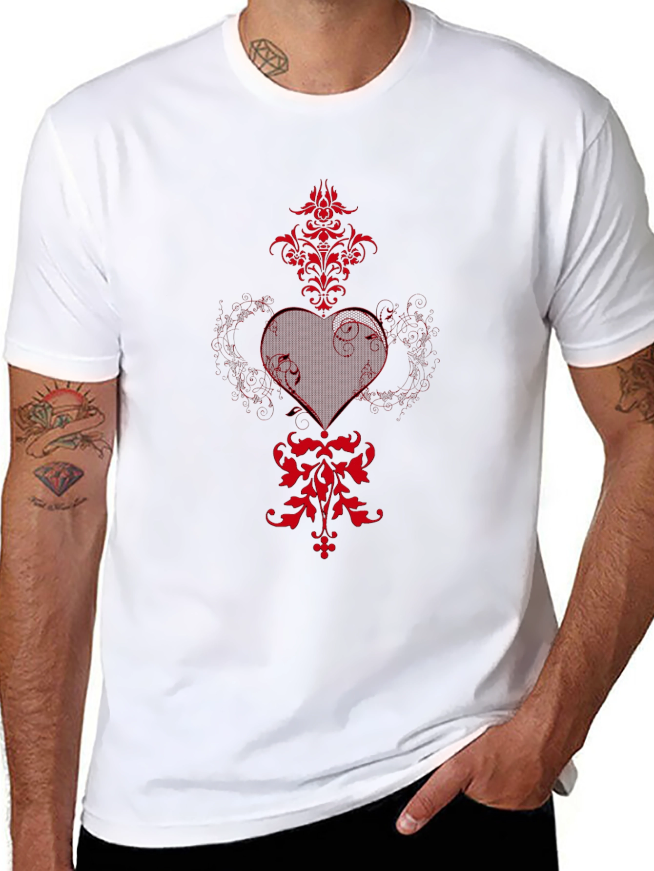 Black T-Shirt with Red Heart and Floral Design