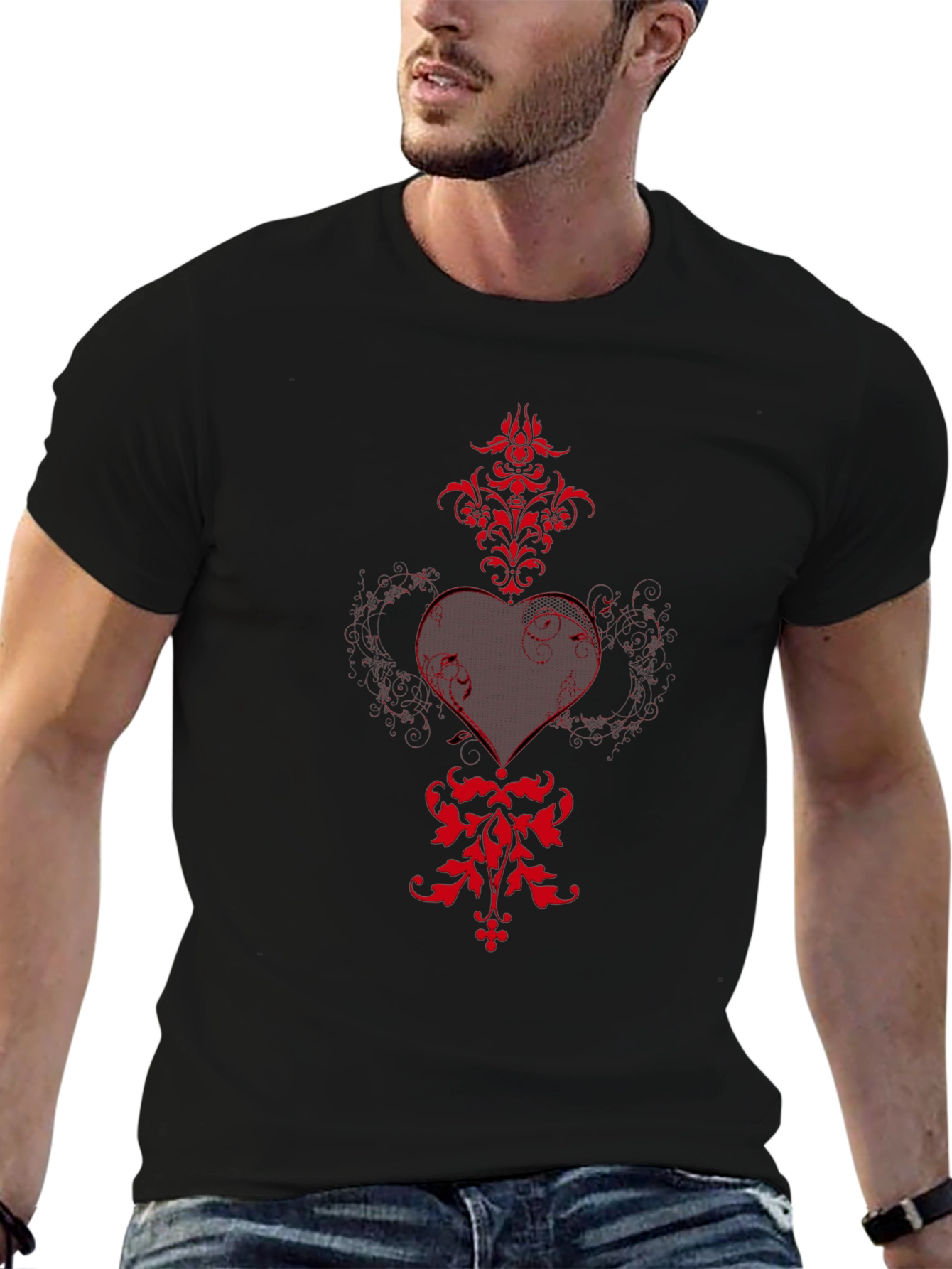 Black T-Shirt with Red Heart and Floral Design
