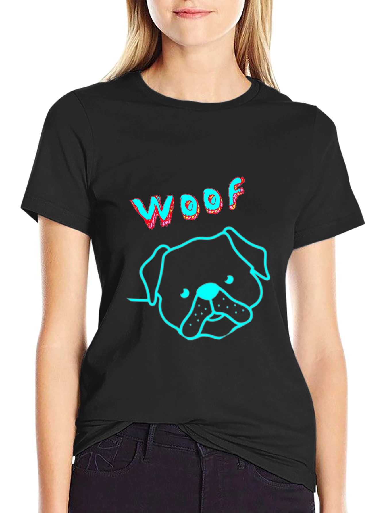 Woof Dog Graphic Print Black T-Shirt