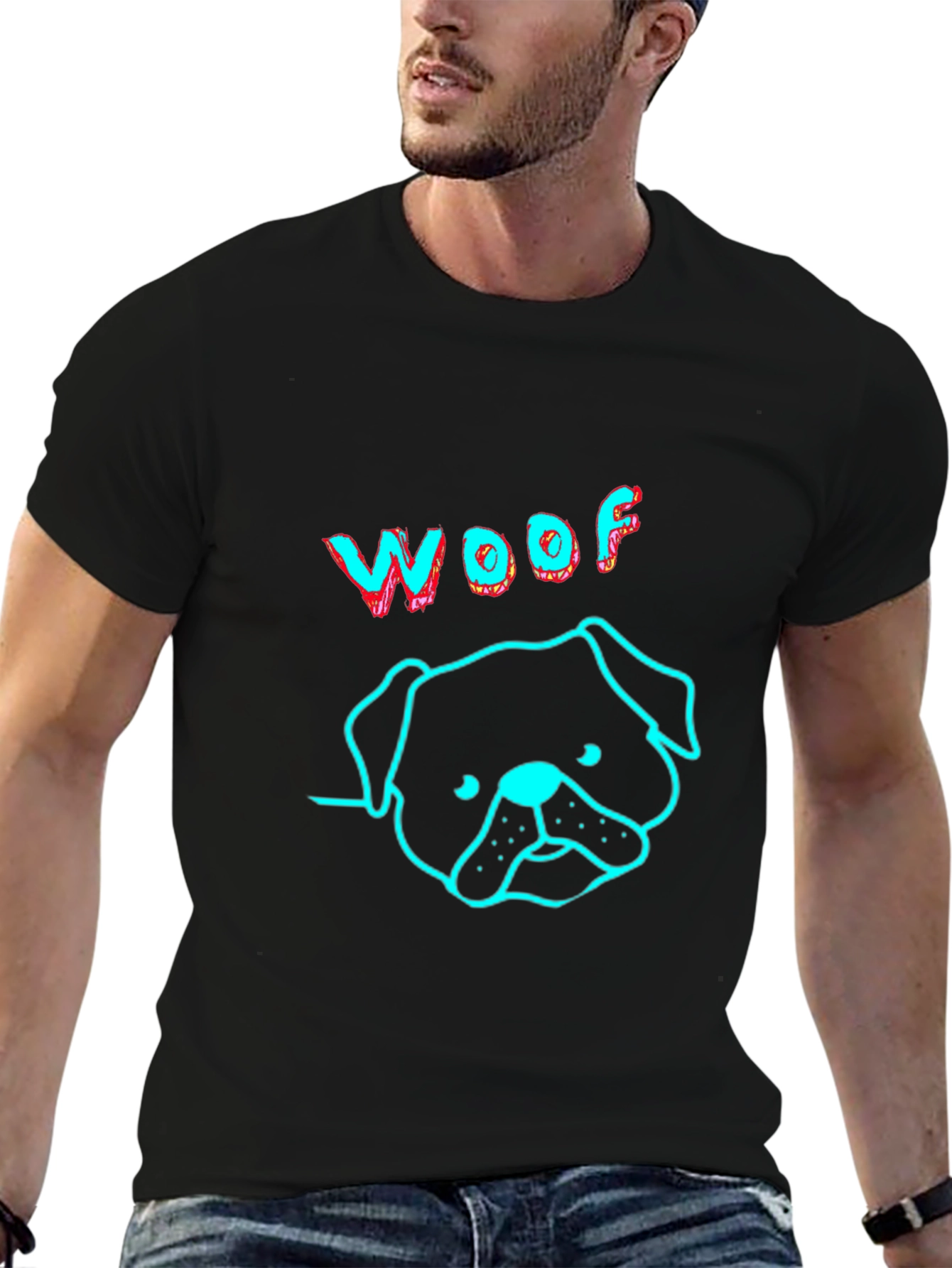 Woof Dog Graphic Print Black T-Shirt