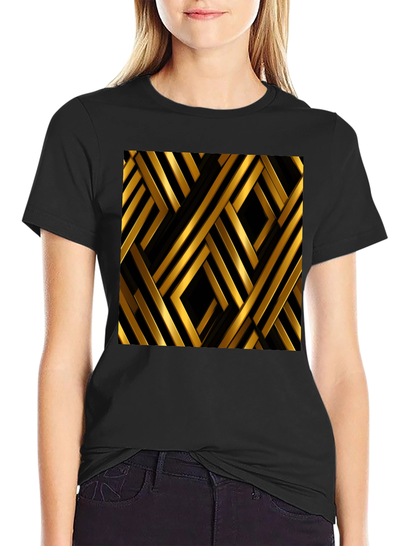 Geometric Gold & Black Pattern Graphic Tee