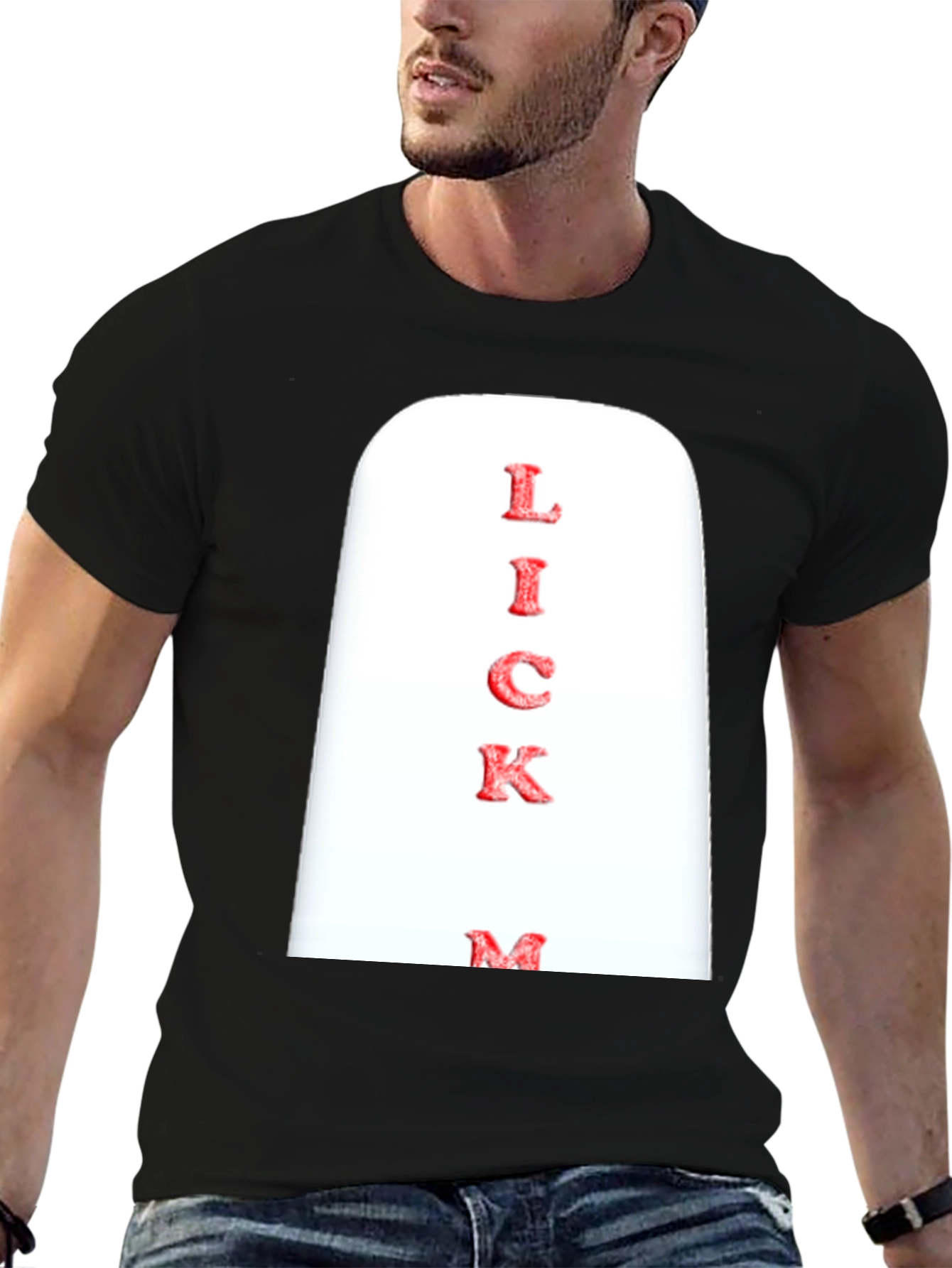 Novelty Lick Me Graphic Print Black T-Shirt