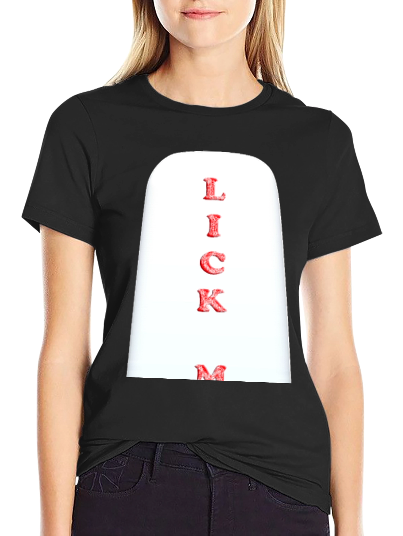 Novelty Lick Me Graphic Print Black T-Shirt