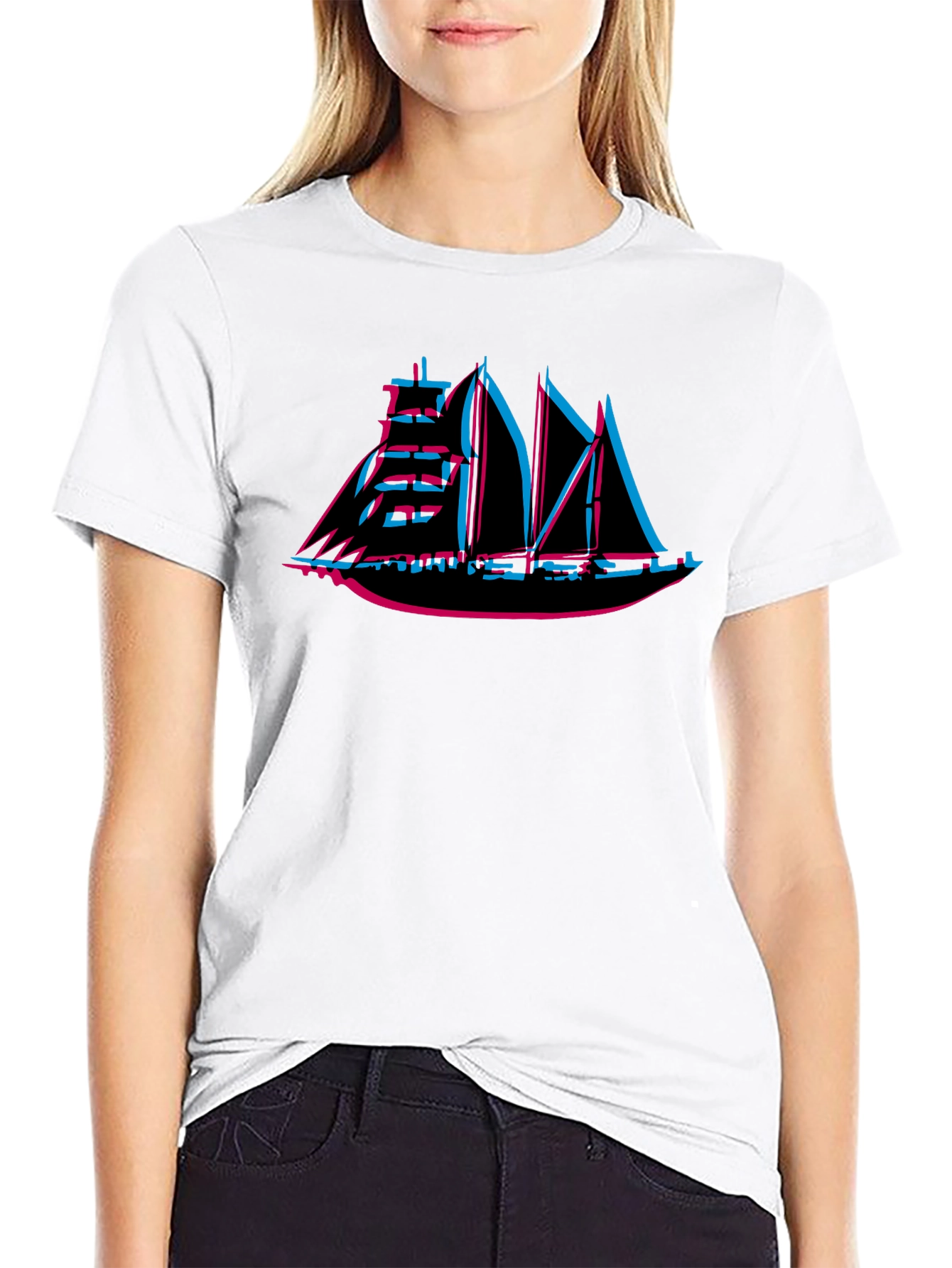 Retro 3D Sailing Ship Graphic Tee - Black