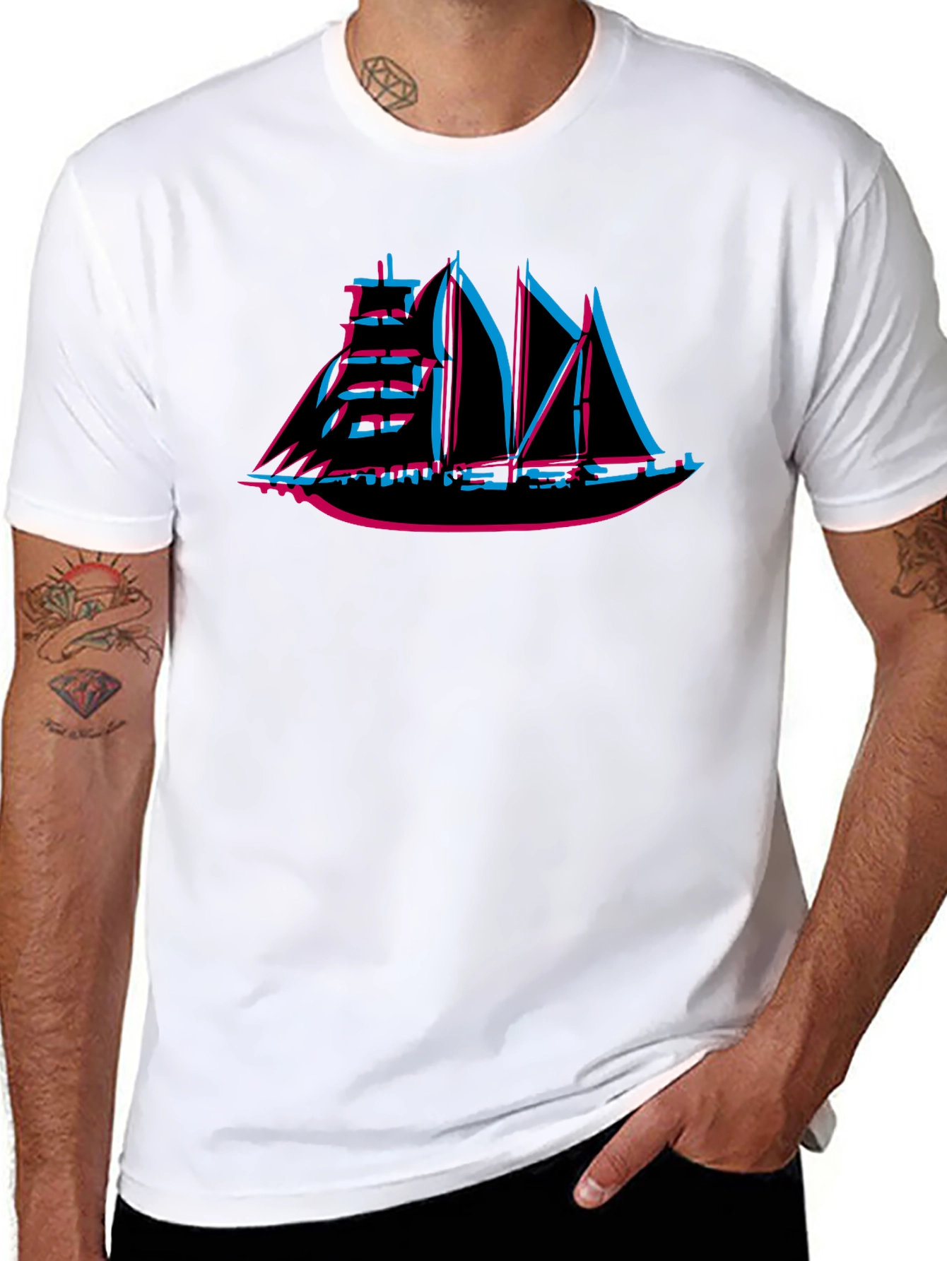 Retro 3D Sailing Ship Graphic Tee - Black