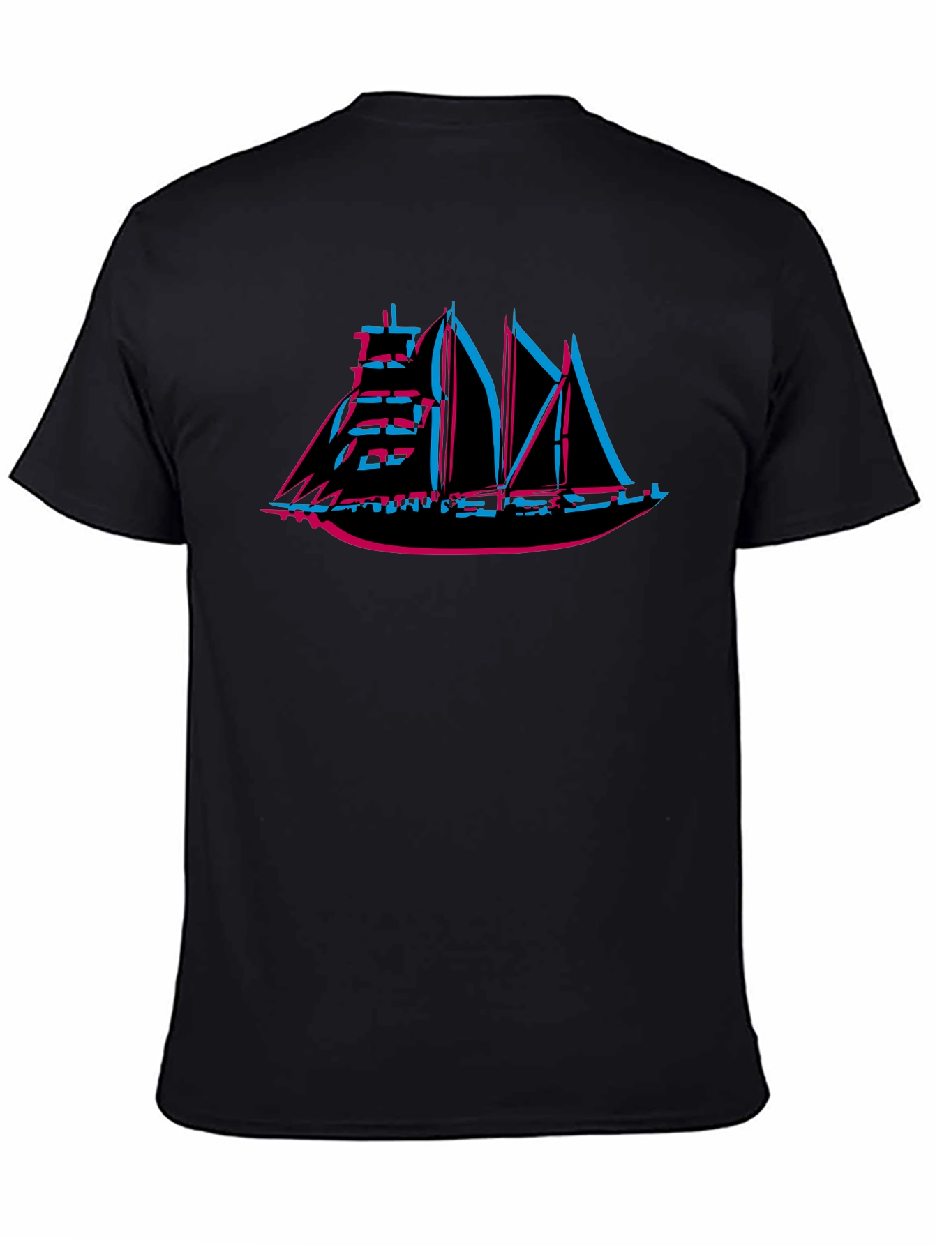Retro 3D Sailing Ship Graphic Tee - Black