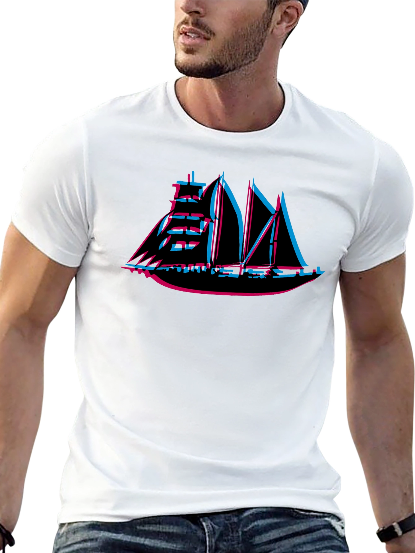 Retro 3D Sailing Ship Graphic Tee - Black