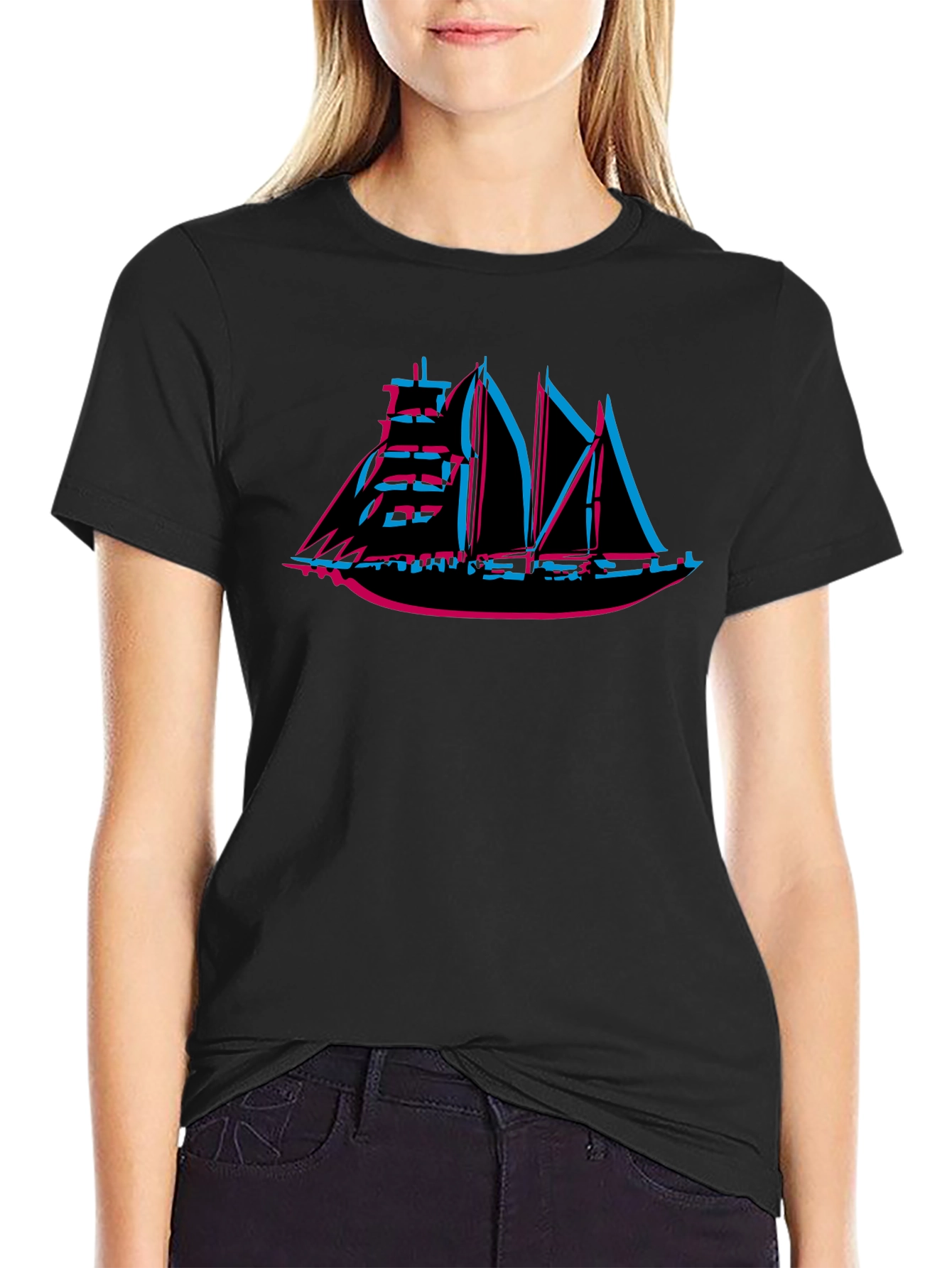 Retro 3D Sailing Ship Graphic Tee - Black