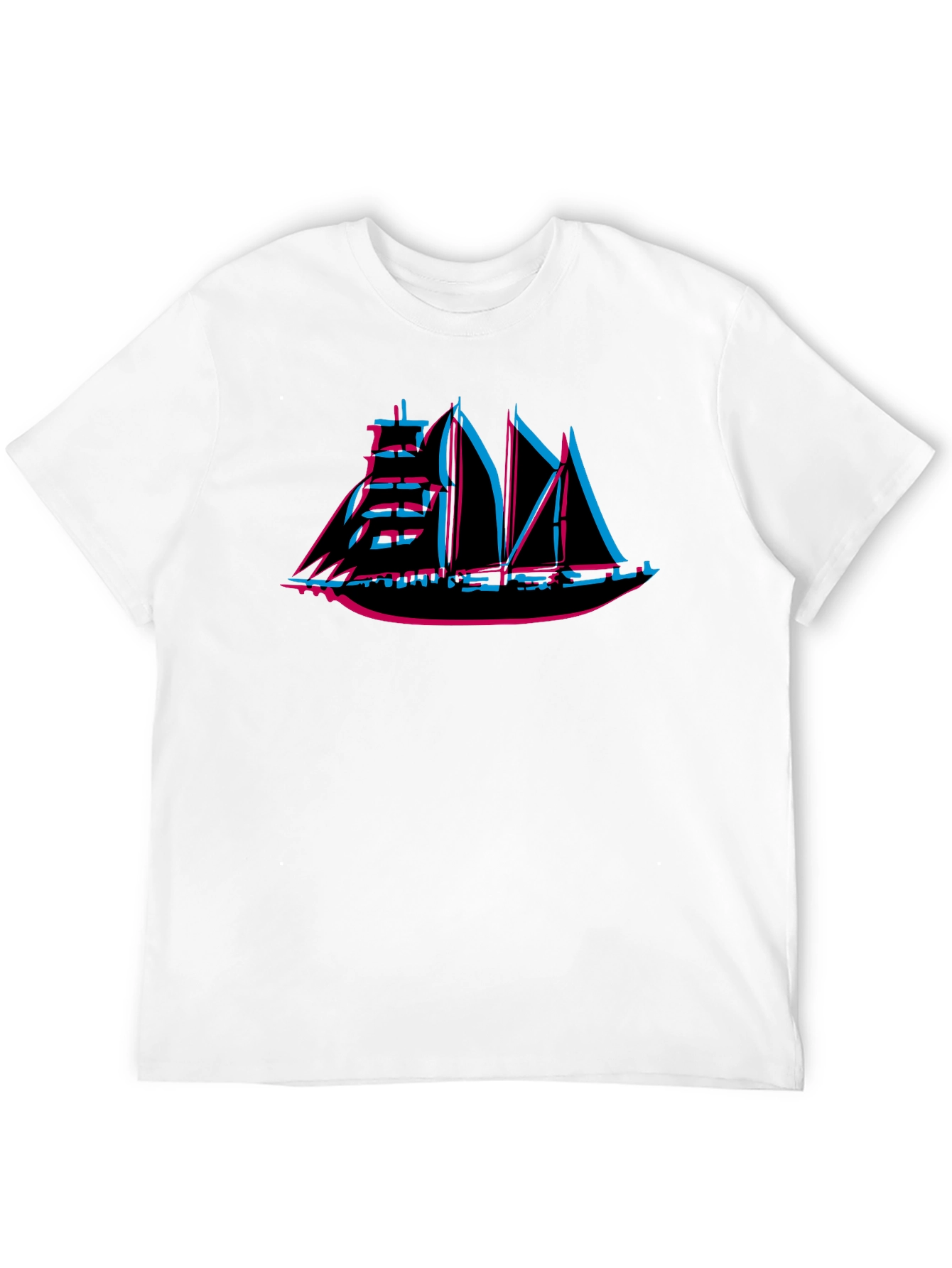 Retro 3D Sailing Ship Graphic Tee - Black