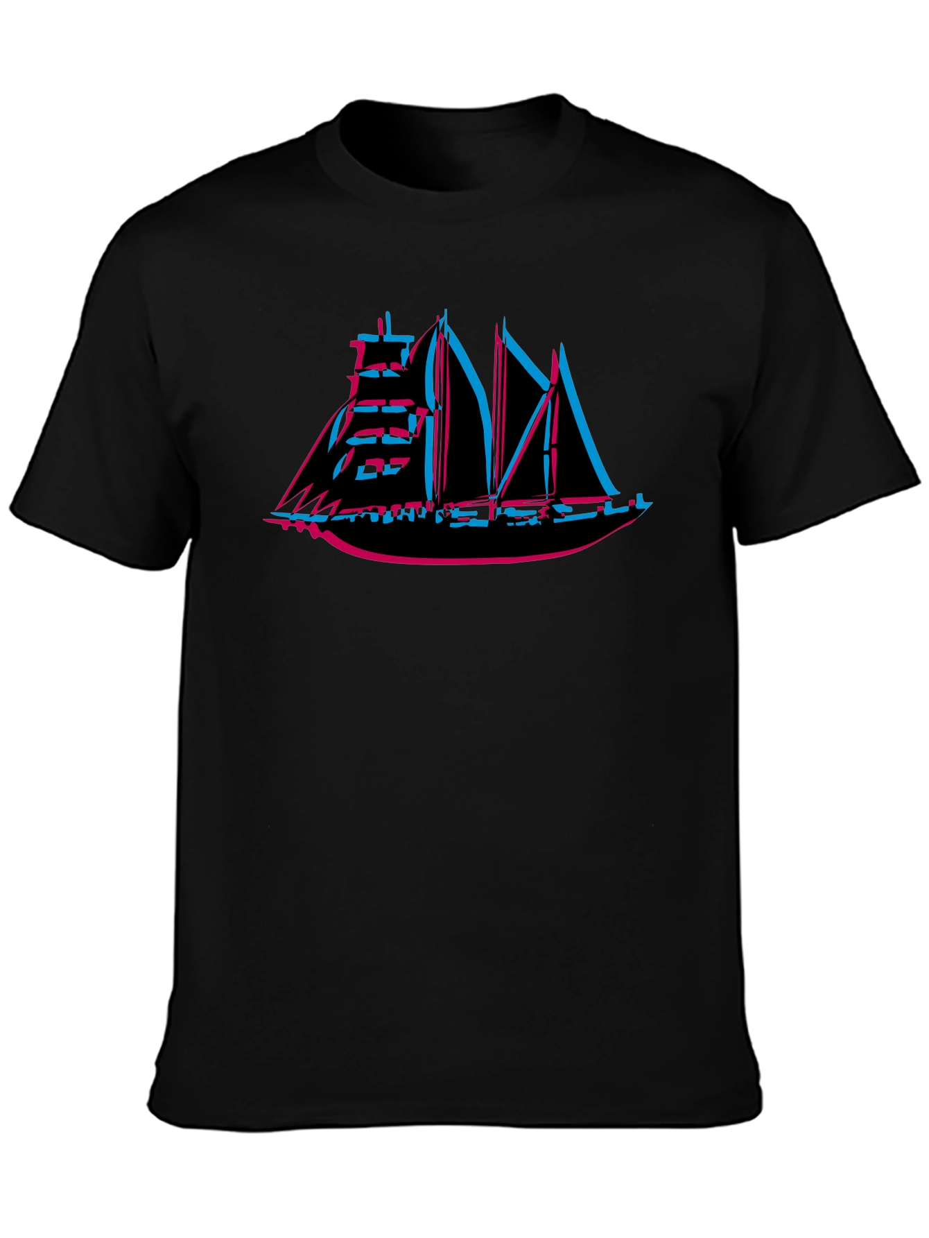 Retro 3D Sailing Ship Graphic Tee - Black