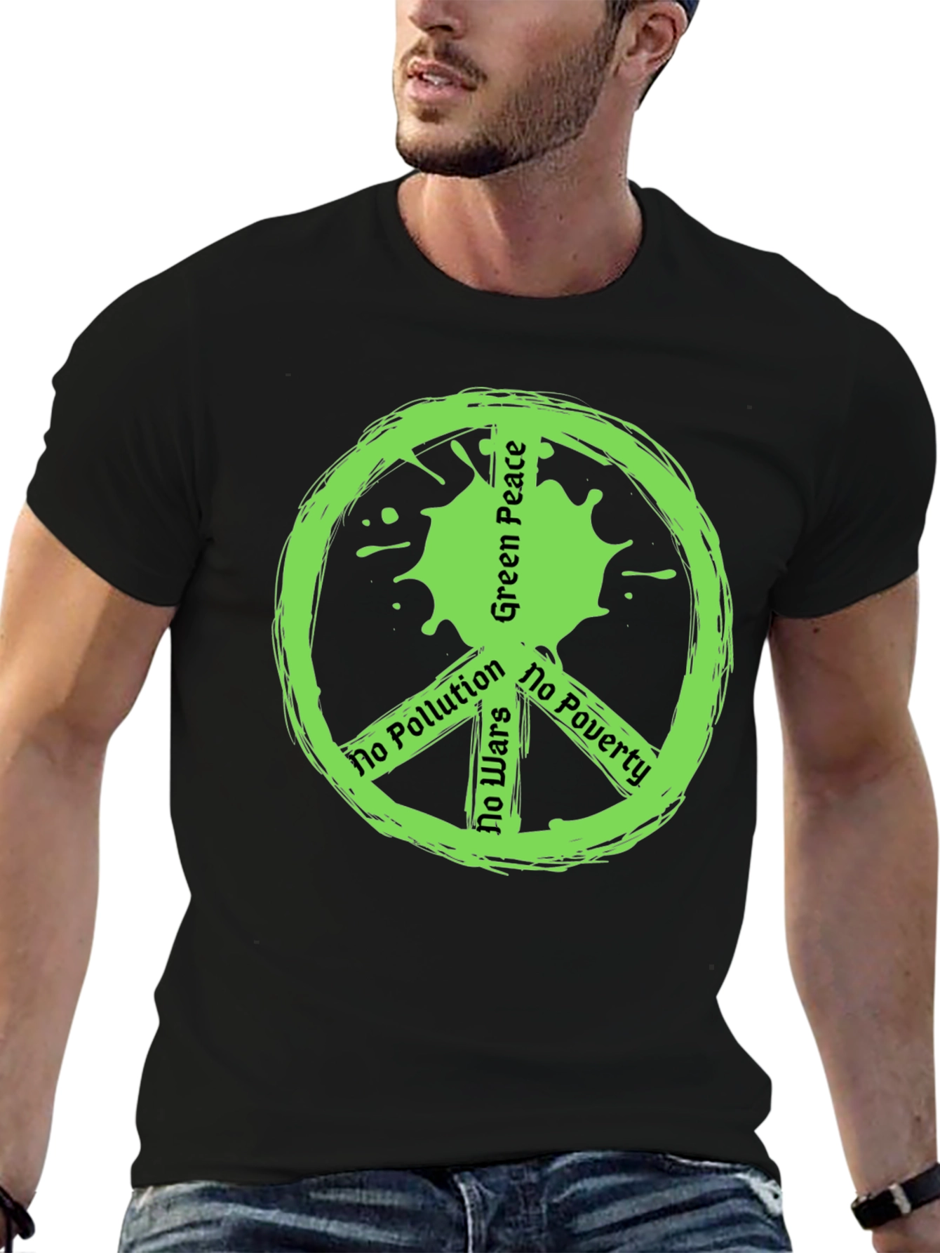 Green Peace Symbol T-Shirt - No Pollution Wars Poverty