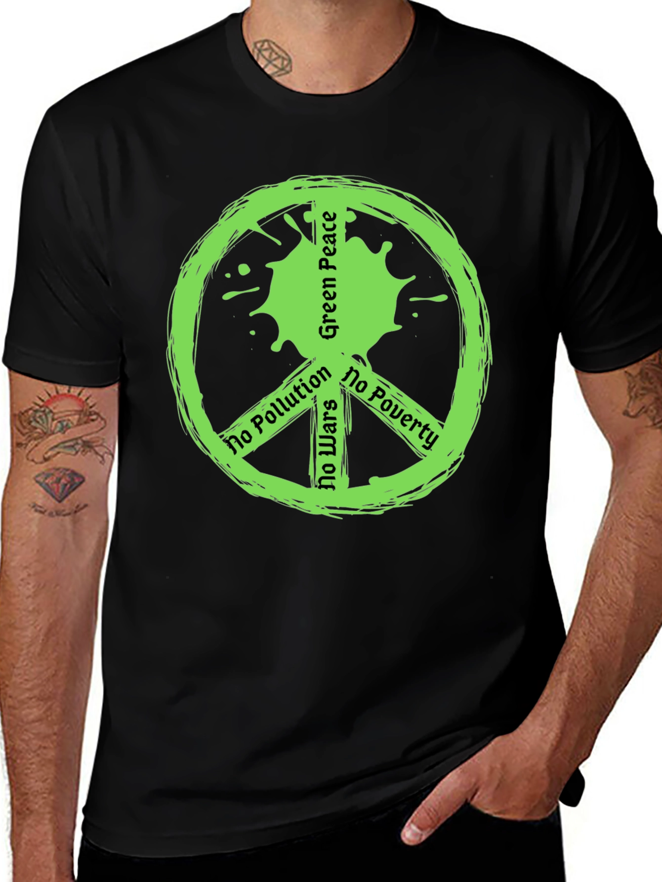 Green Peace Symbol T-Shirt - No Pollution Wars Poverty