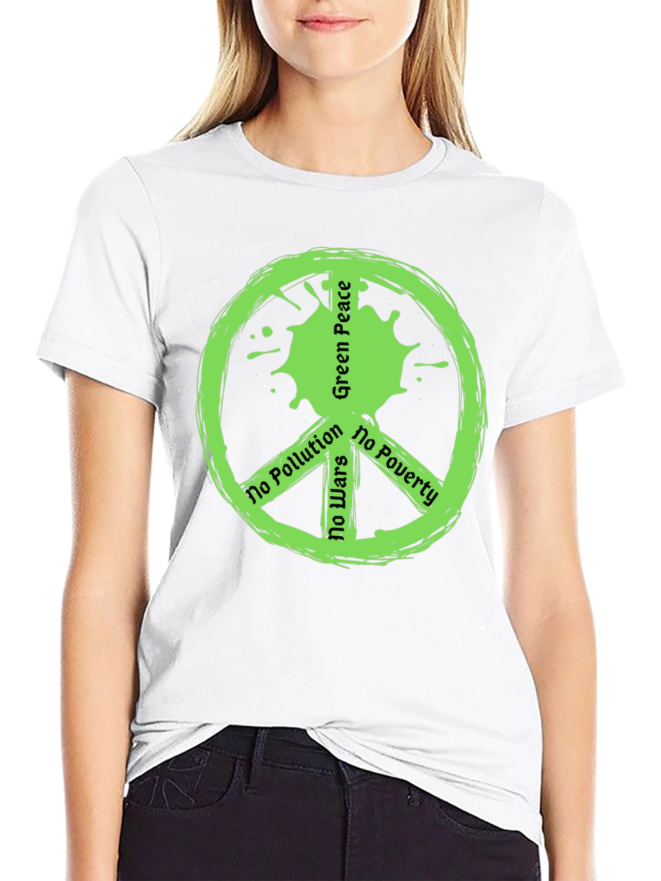 Green Peace Symbol T-Shirt - No Pollution Wars Poverty