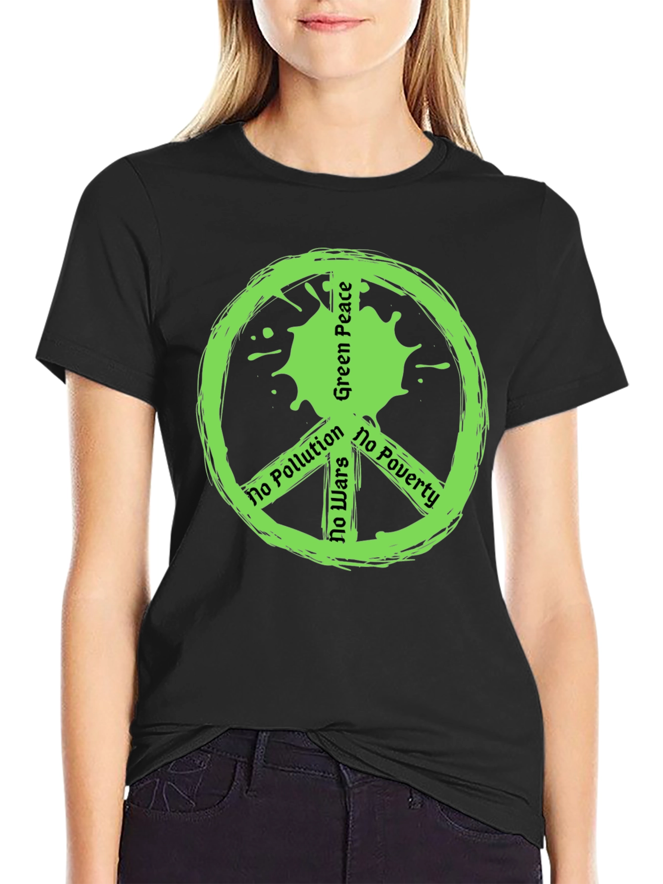 Green Peace Symbol T-Shirt - No Pollution Wars Poverty