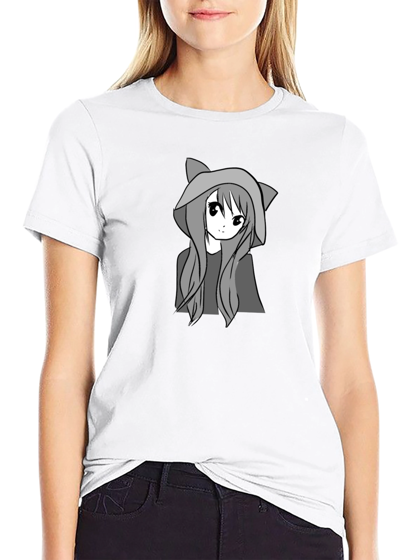 Anime Cat Girl Black T-Shirt