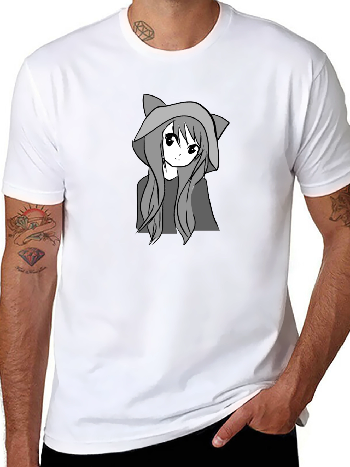 Anime Cat Girl Black T-Shirt