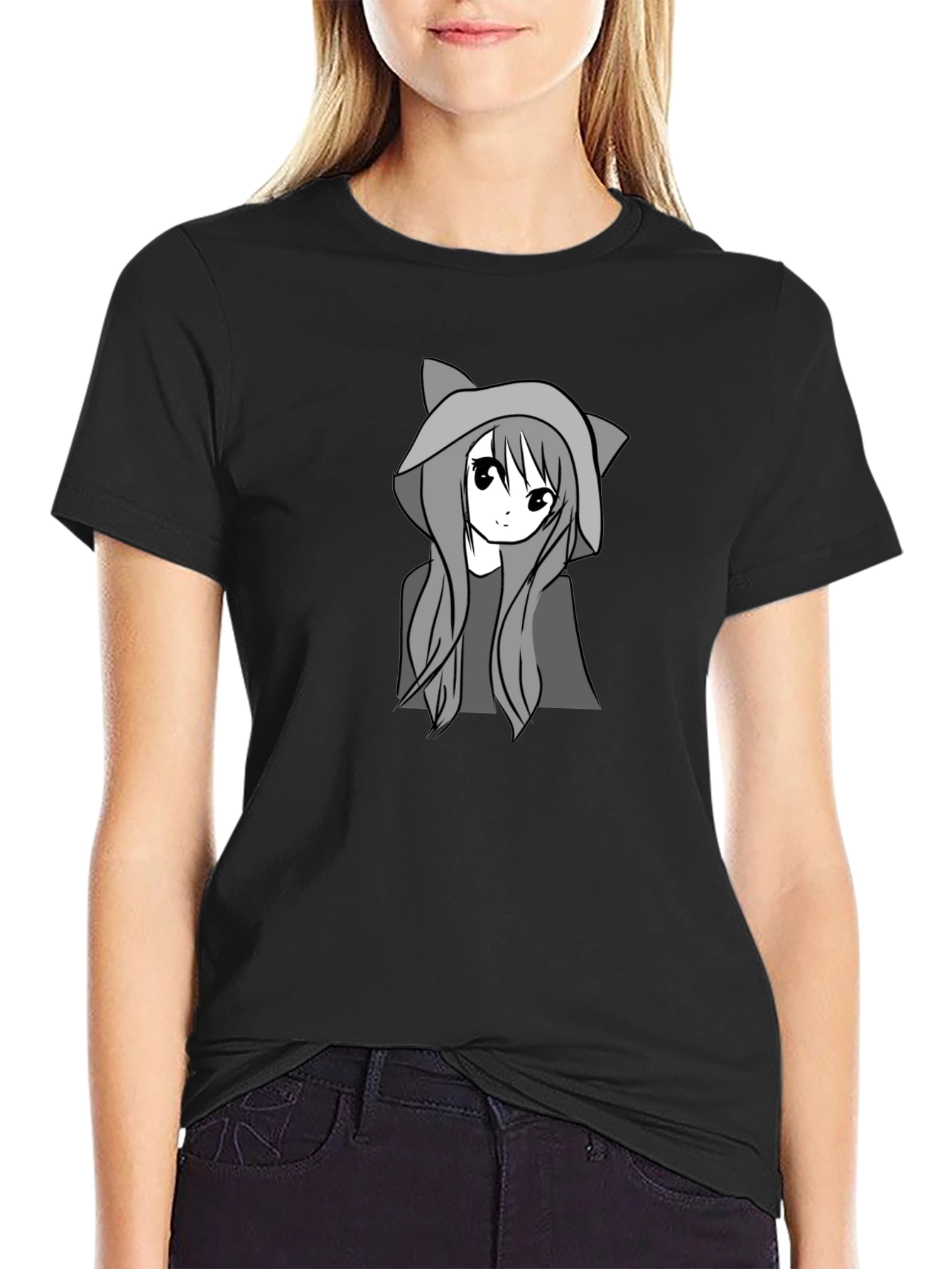 Anime Cat Girl Black T-Shirt