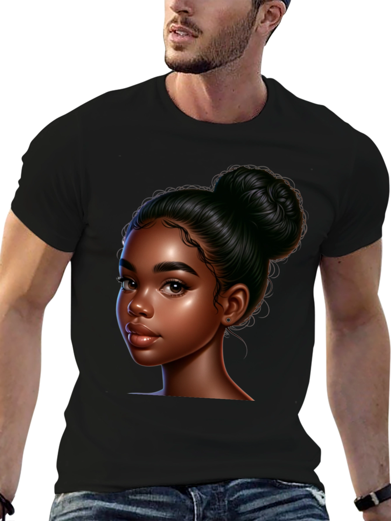 Black T-Shirt with Beautiful Dark-Skinned Woman Graphic