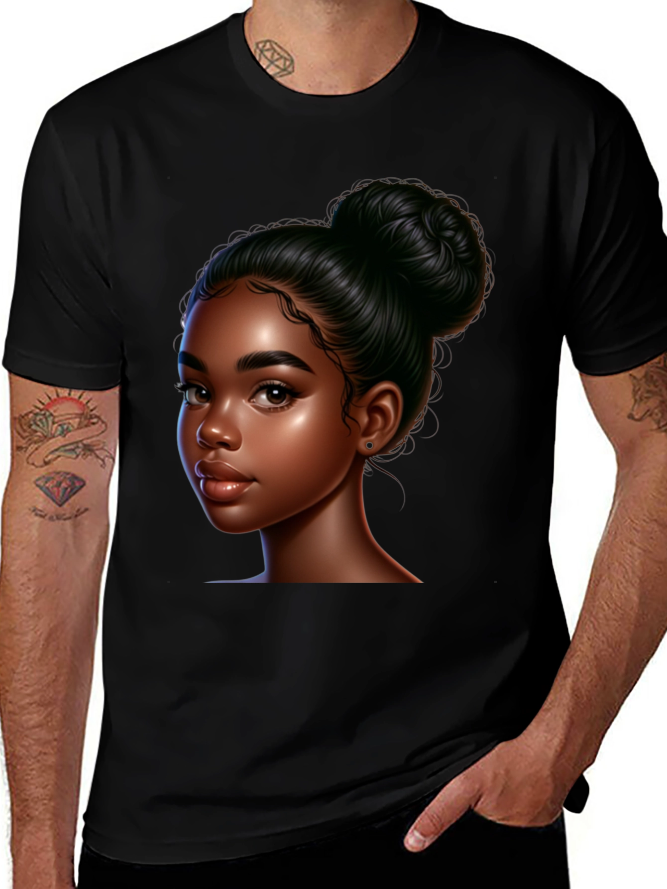 Black T-Shirt with Beautiful Dark-Skinned Woman Graphic