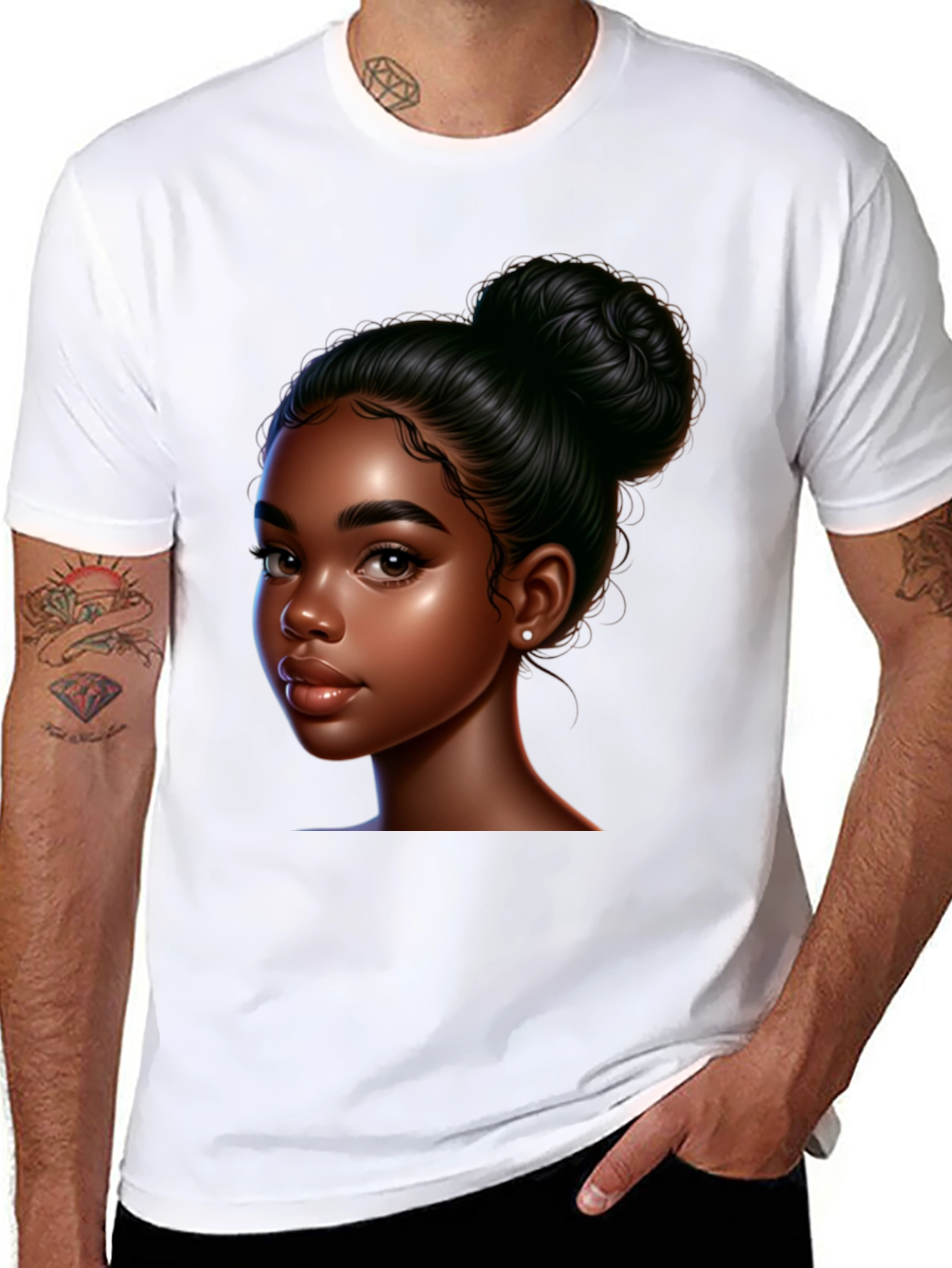 Black T-Shirt with Beautiful Dark-Skinned Woman Graphic