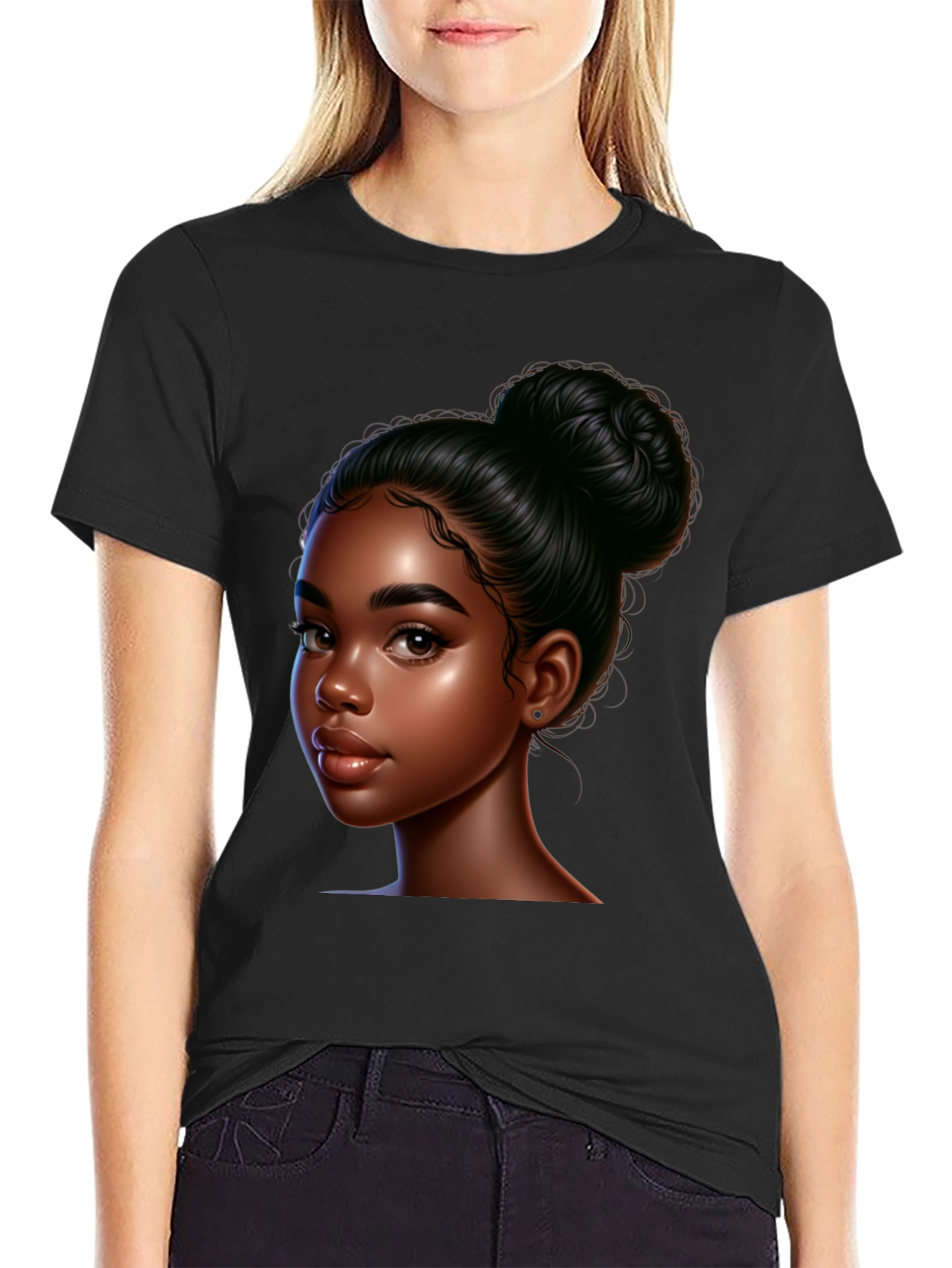 Black T-Shirt with Beautiful Dark-Skinned Woman Graphic