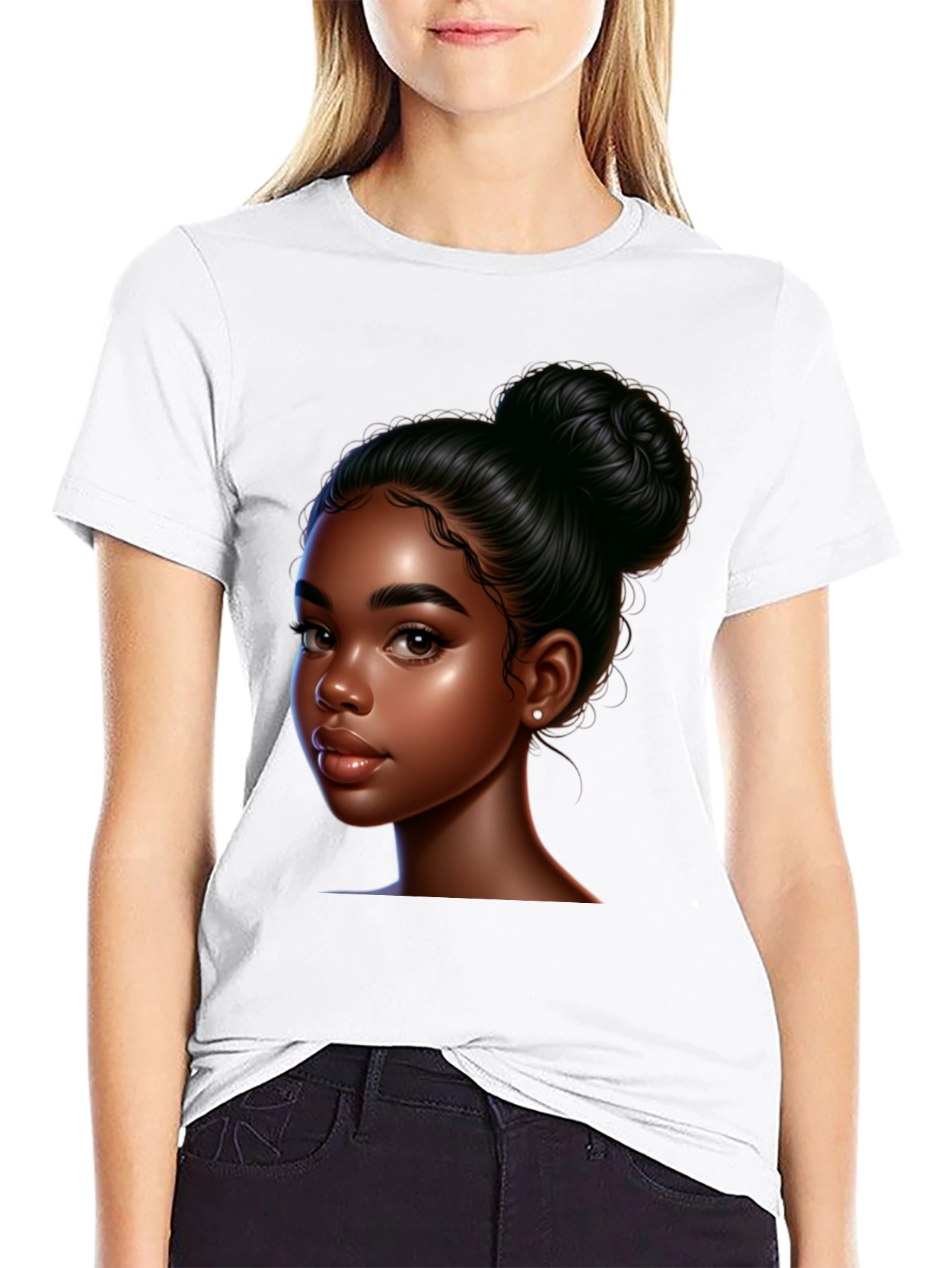 Black T-Shirt with Beautiful Dark-Skinned Woman Graphic