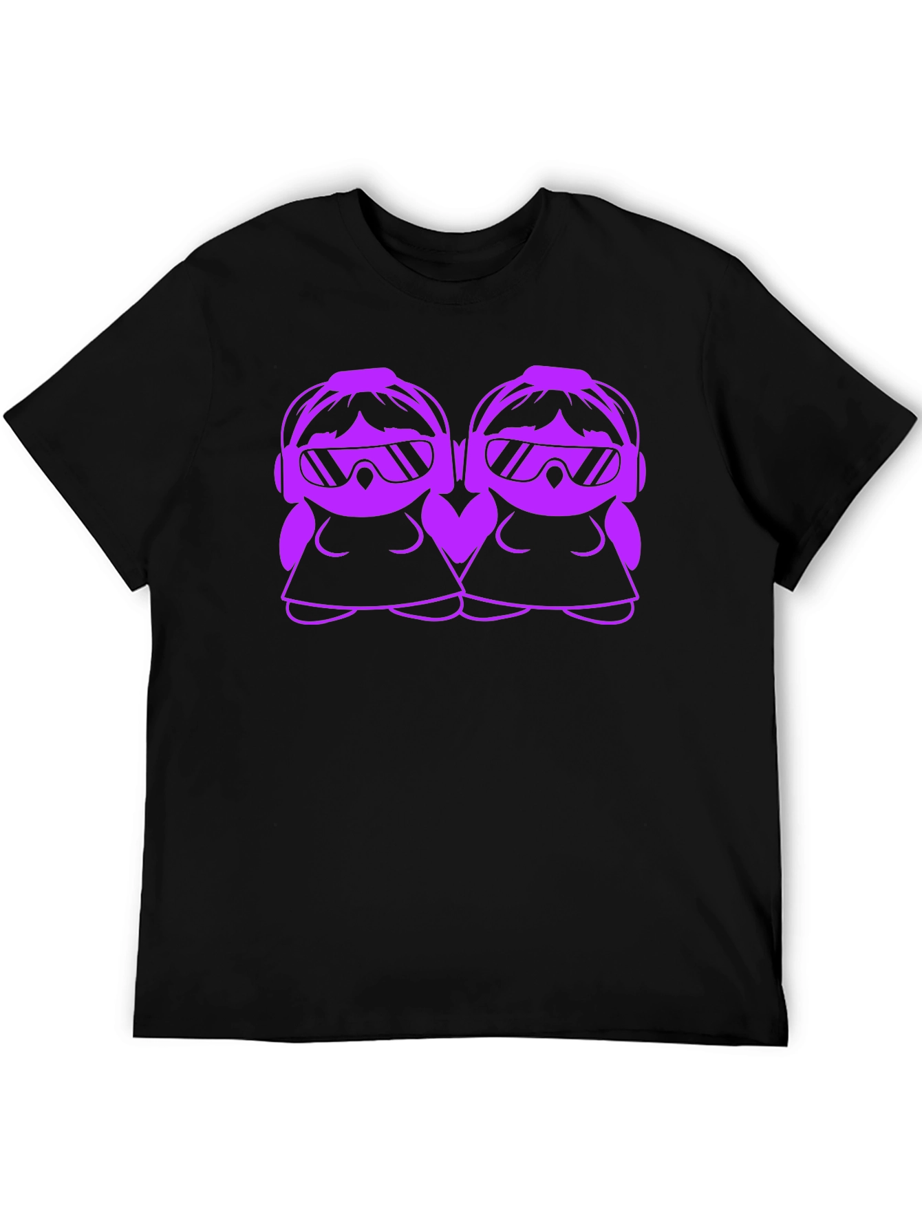 Cool Cartoon DJ Twin Girls Black T-Shirt
