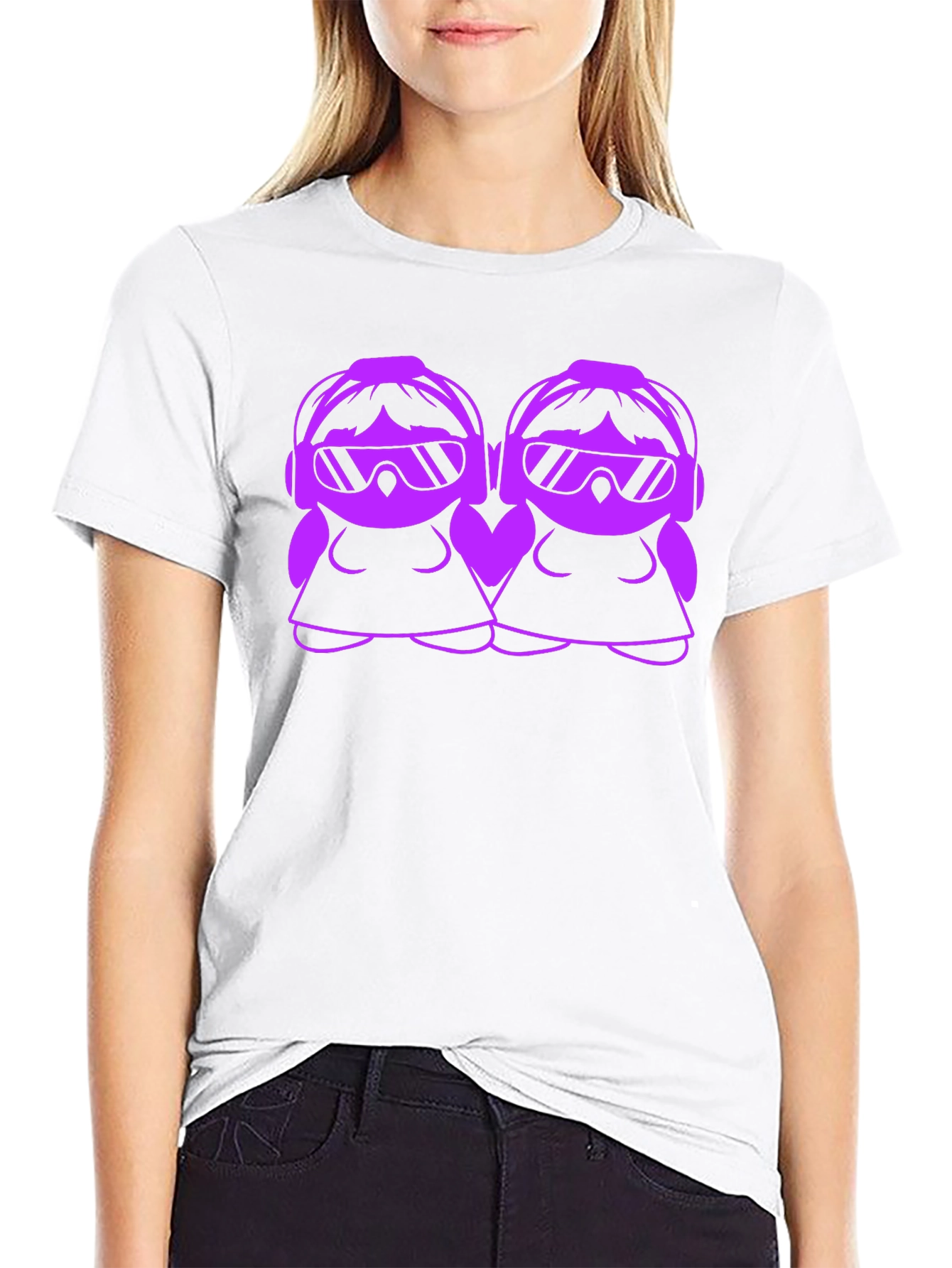 Cool Cartoon DJ Twin Girls Black T-Shirt