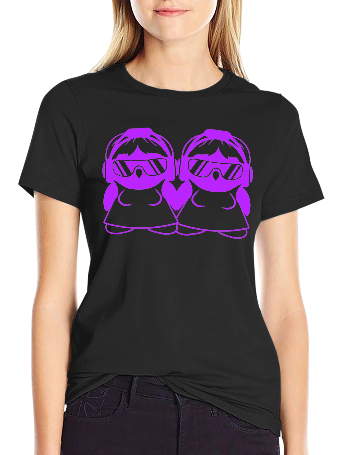 Cool Cartoon DJ Twin Girls Black T-Shirt