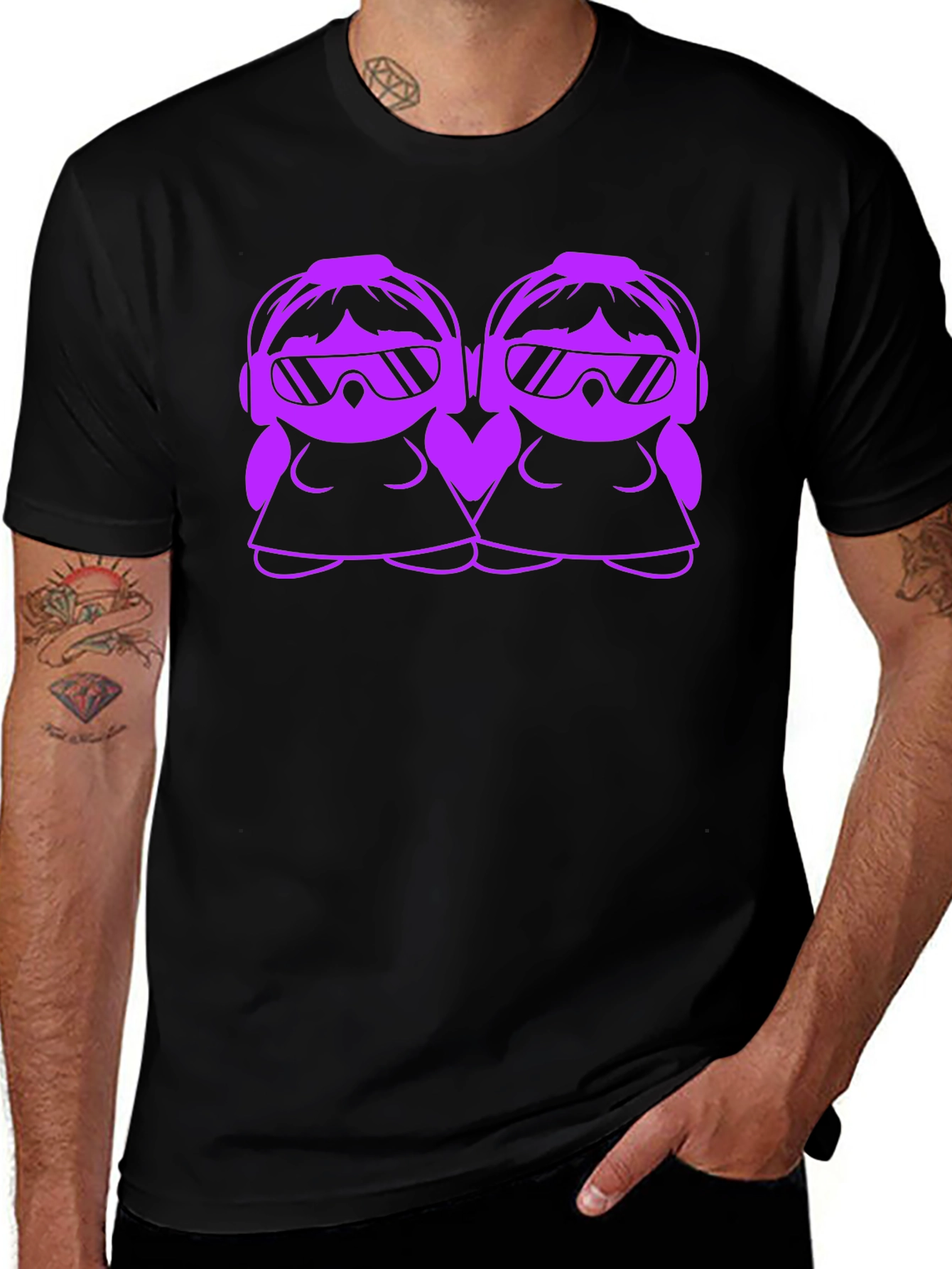 Cool Cartoon DJ Twin Girls Black T-Shirt