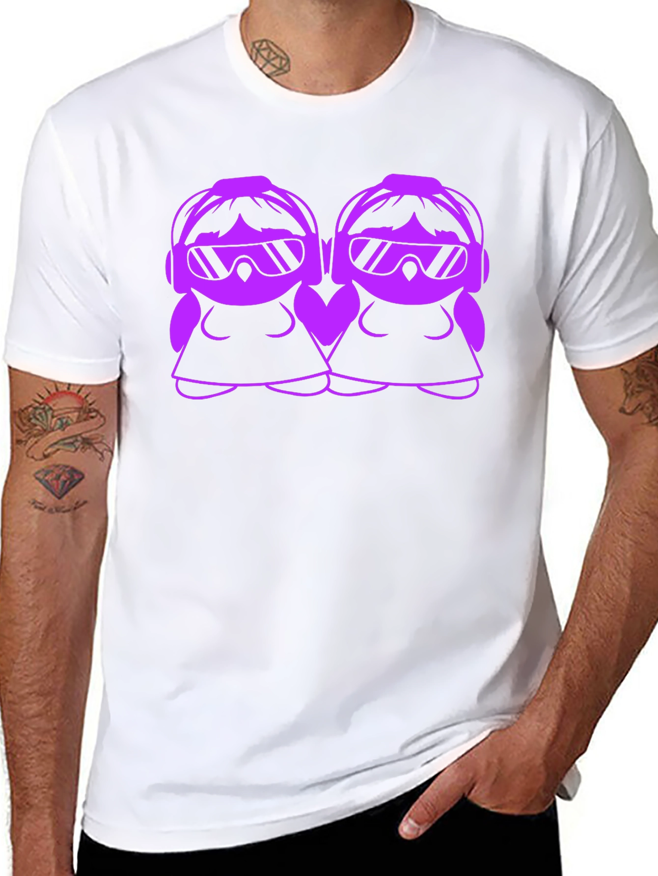 Cool Cartoon DJ Twin Girls Black T-Shirt