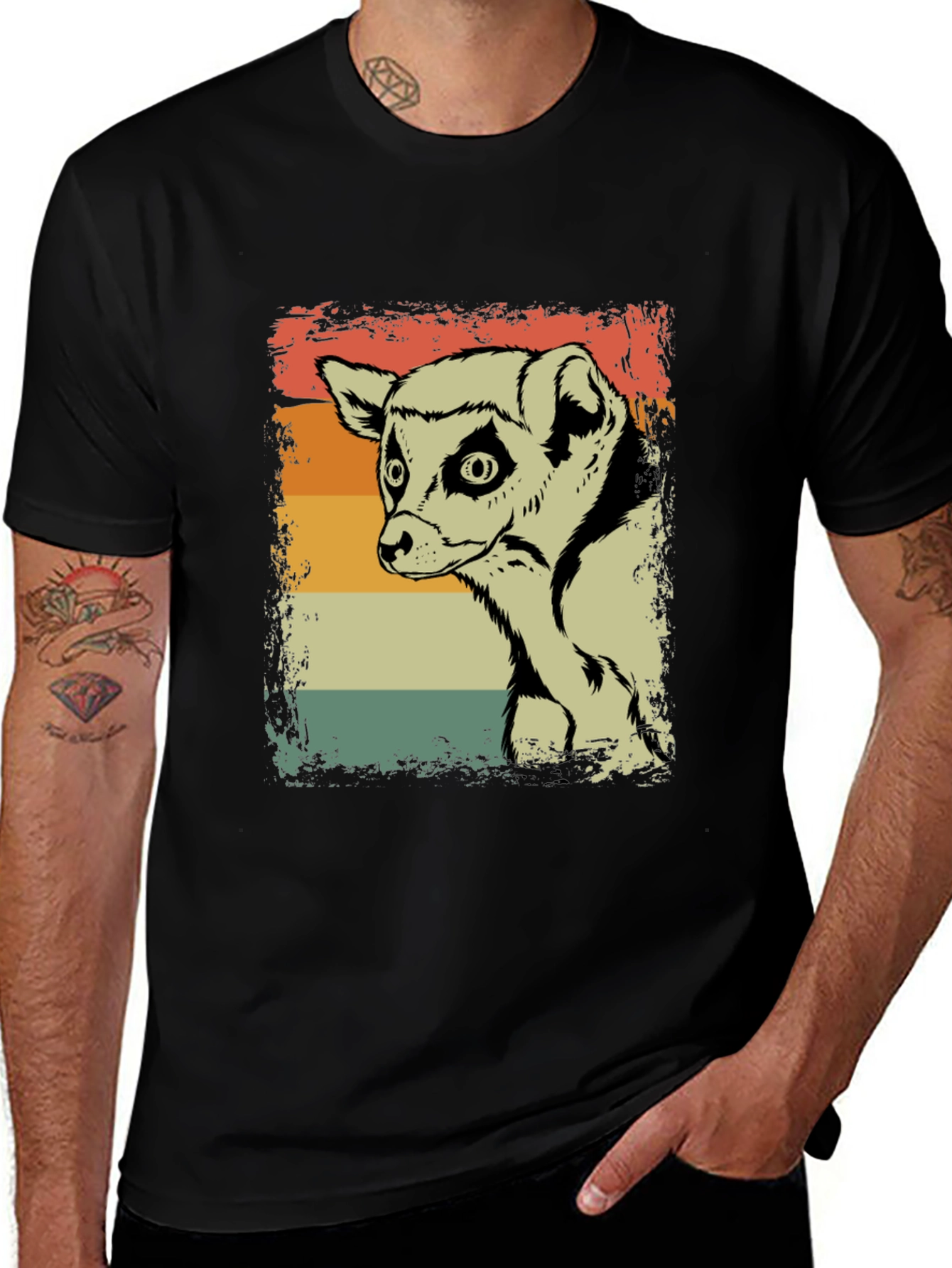 Lemur Graphic Print Retro Style Black T-Shirt
