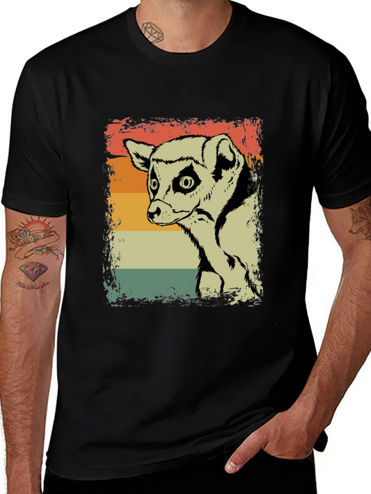 Lemur Graphic Print Retro Style Black T-Shirt