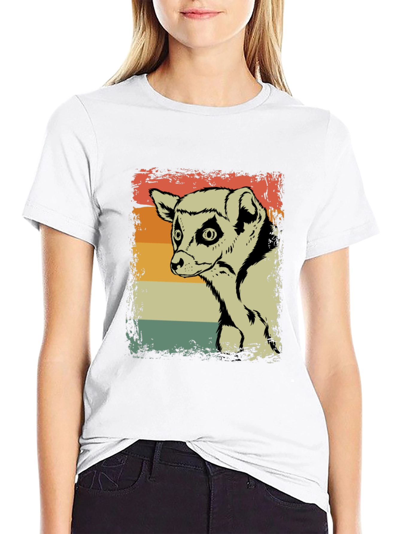 Lemur Graphic Print Retro Style Black T-Shirt