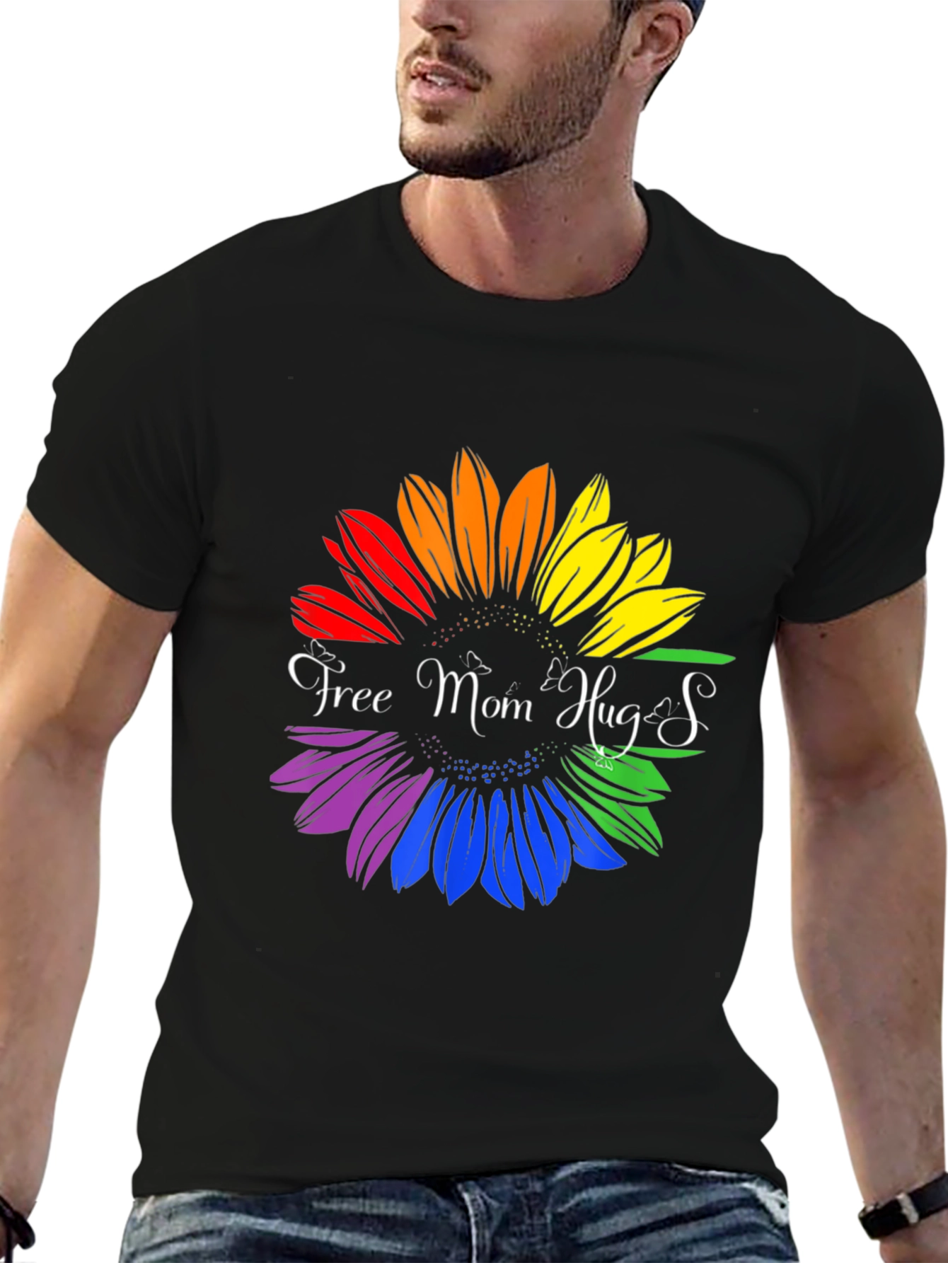 Rainbow Sunflower Free Mom Hugs Graphic T-Shirt