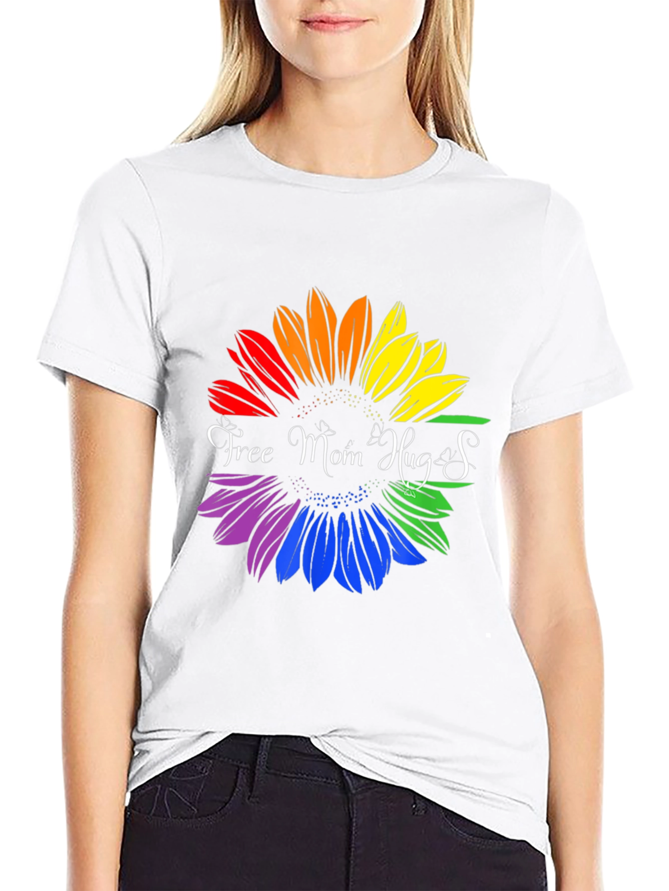 Rainbow Sunflower Free Mom Hugs Graphic T-Shirt