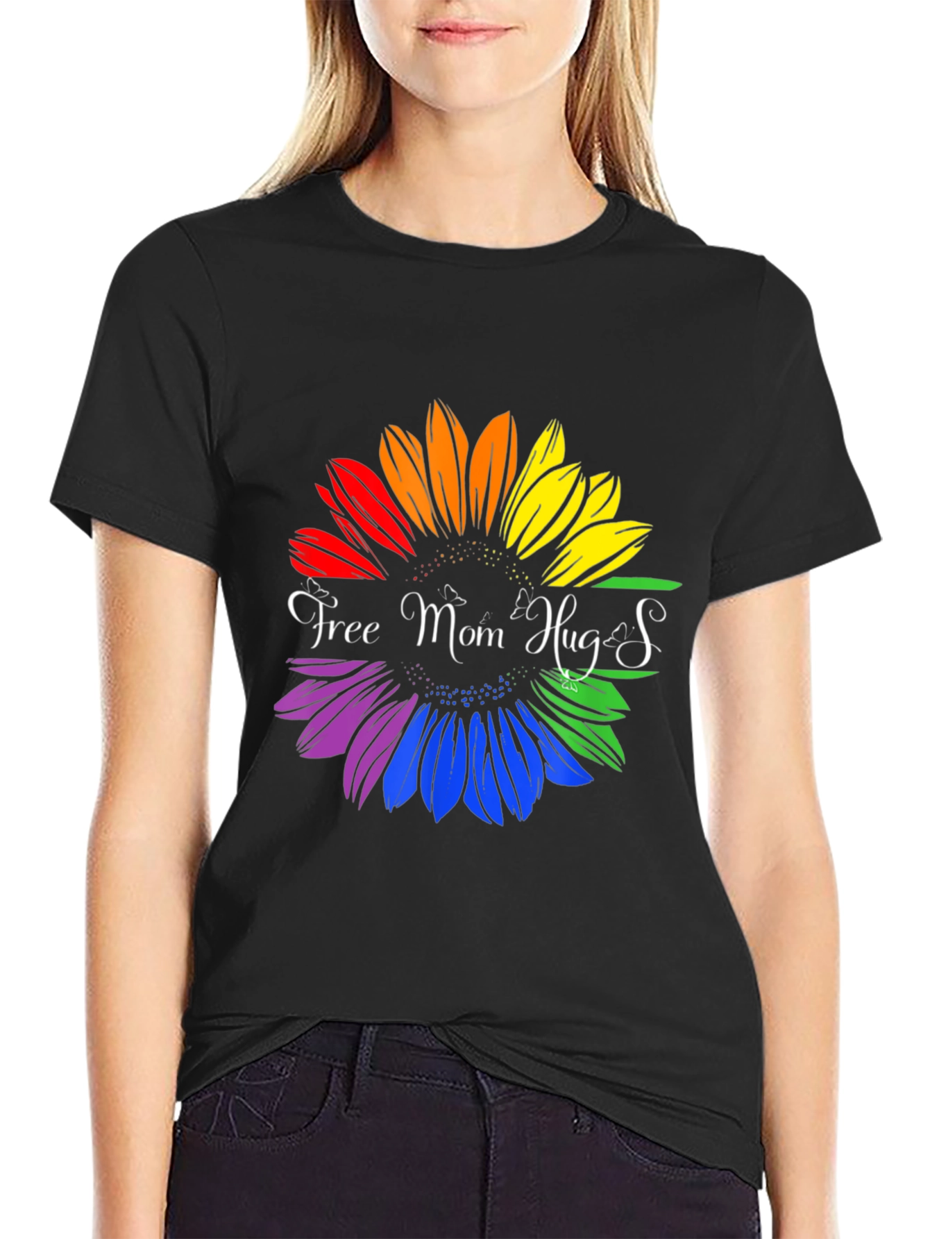 Rainbow Sunflower Free Mom Hugs Graphic T-Shirt