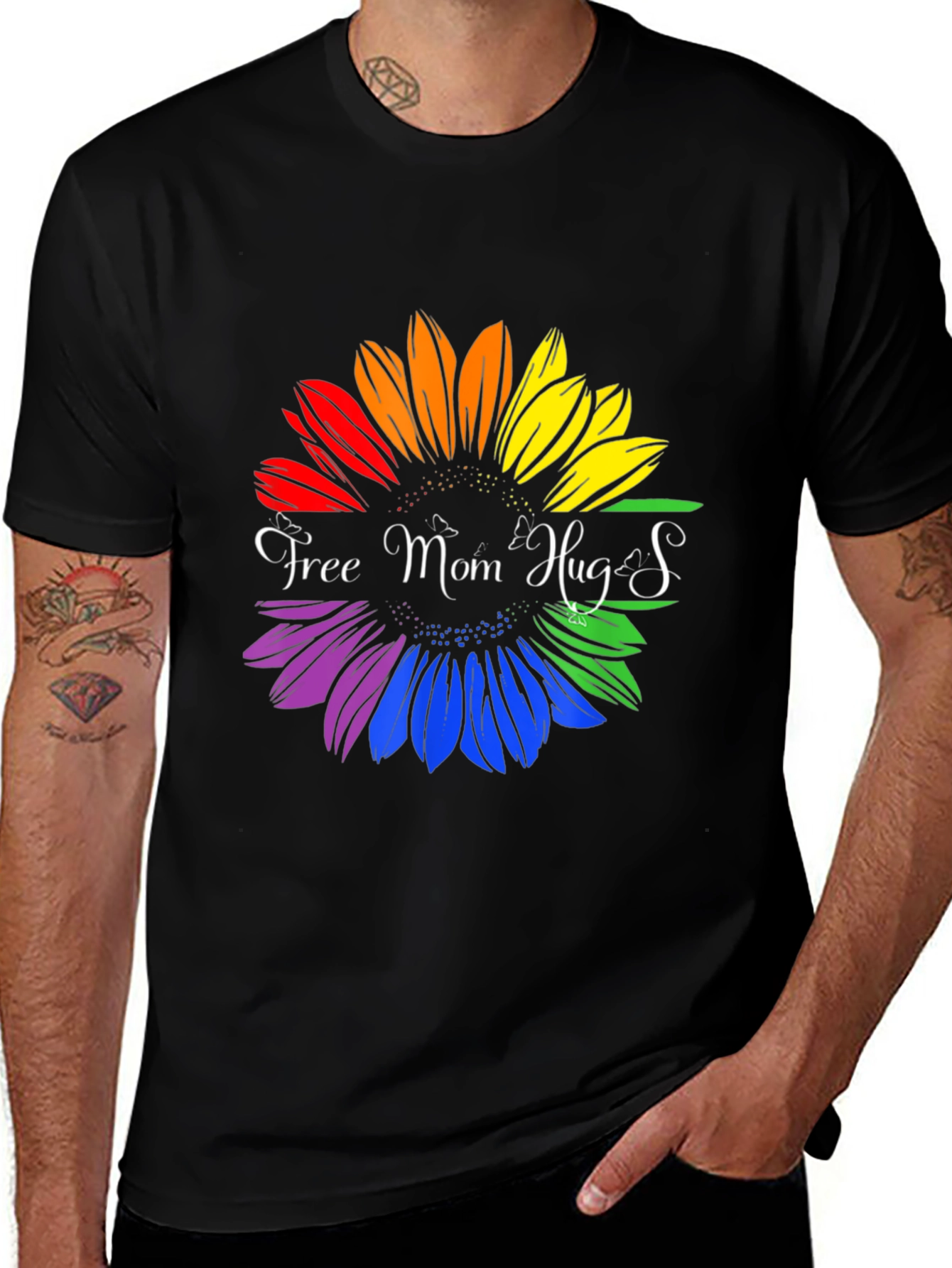 Rainbow Sunflower Free Mom Hugs Graphic T-Shirt
