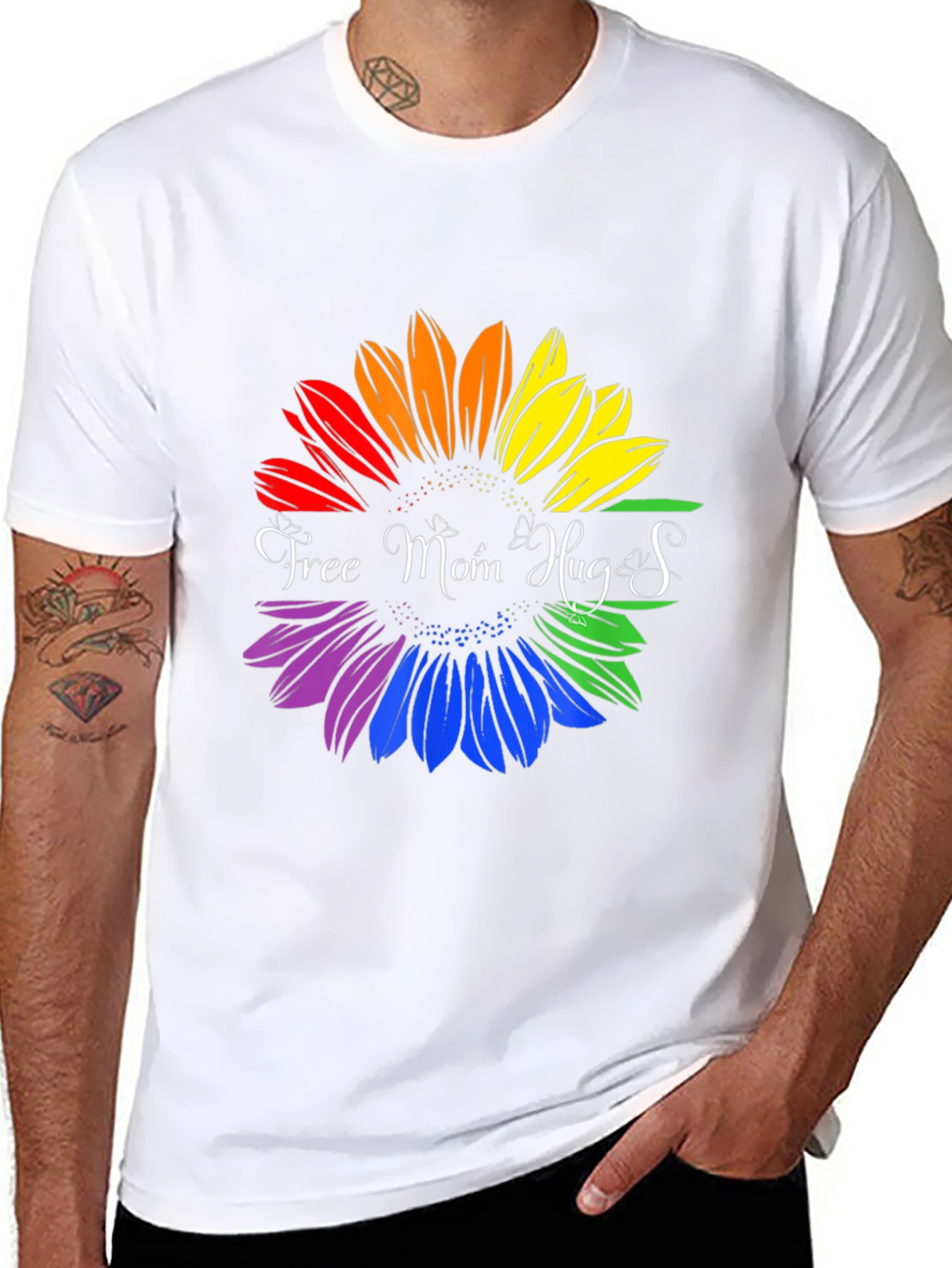 Rainbow Sunflower Free Mom Hugs Graphic T-Shirt