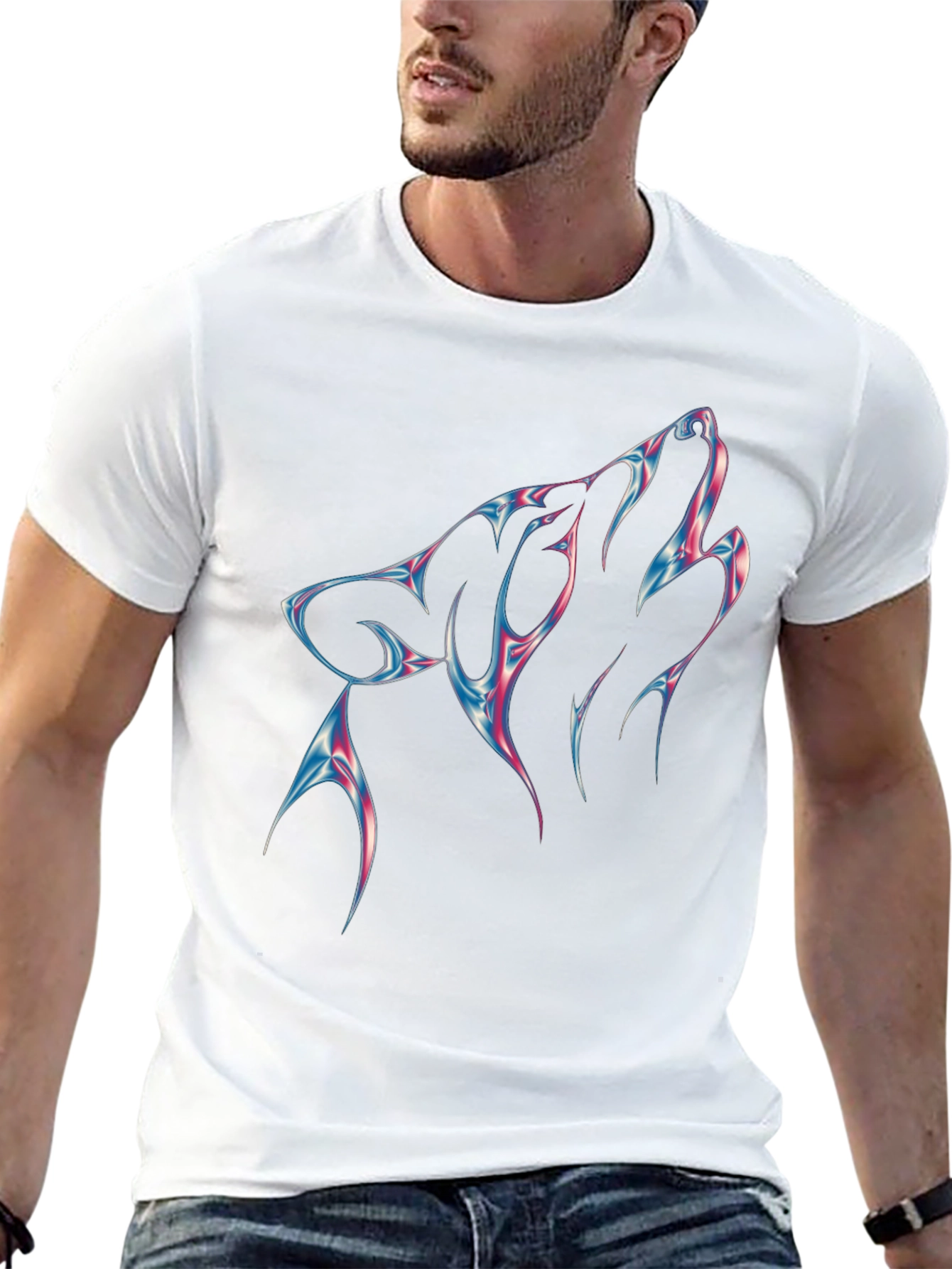Mens Black T-Shirt with Wolf Head Design