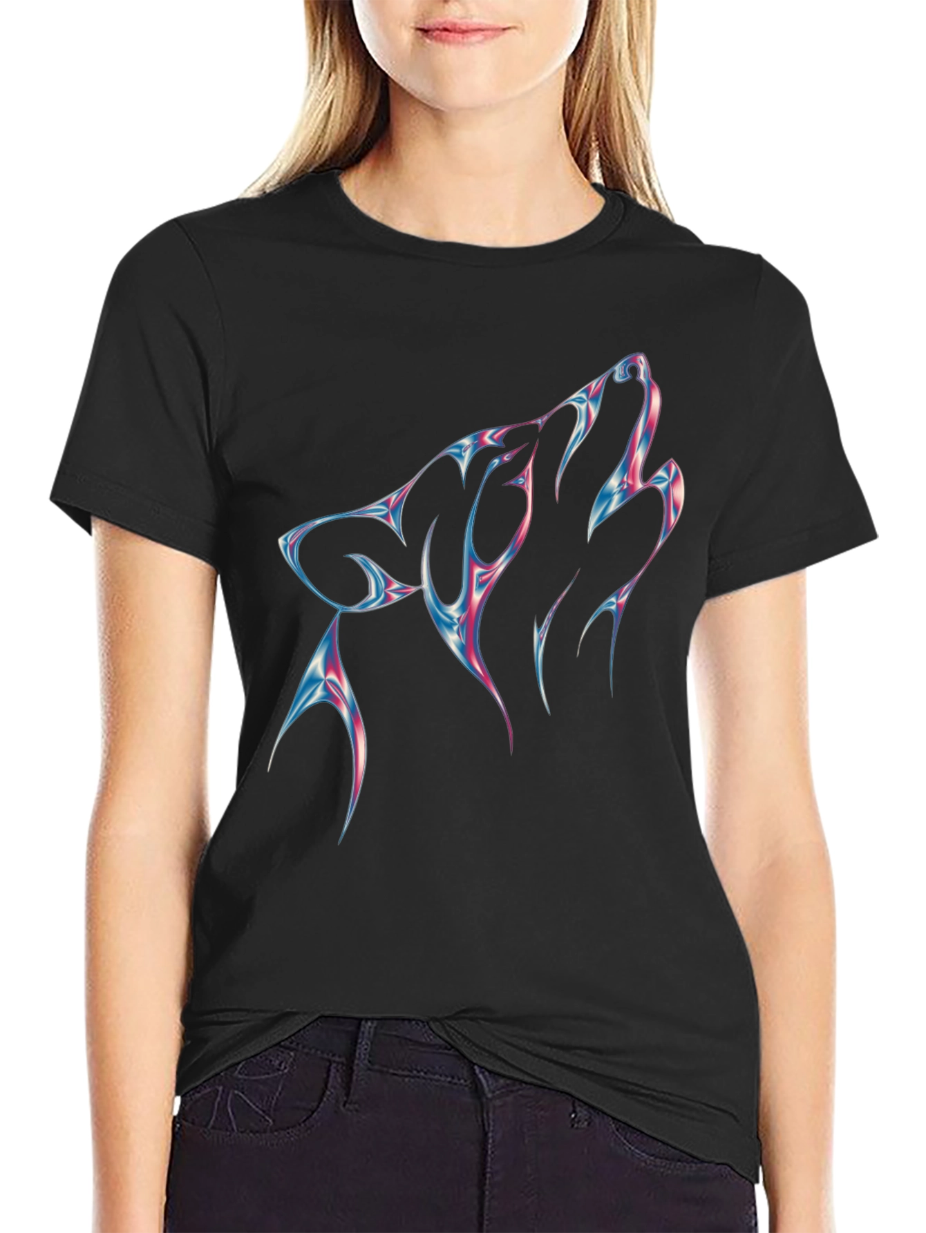 Mens Black T-Shirt with Wolf Head Design