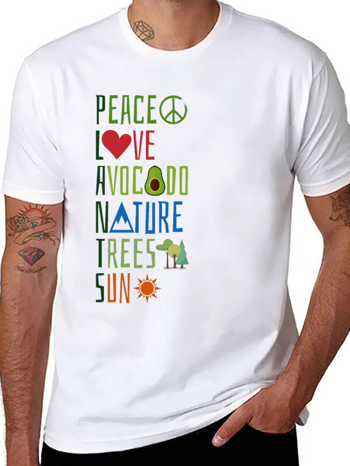 Peace Love Avocado Nature Trees Sun Graphic Tee