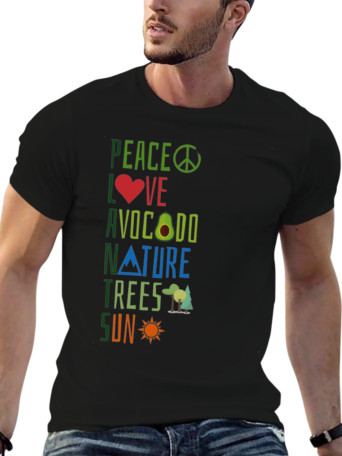 Peace Love Avocado Nature Trees Sun Graphic Tee