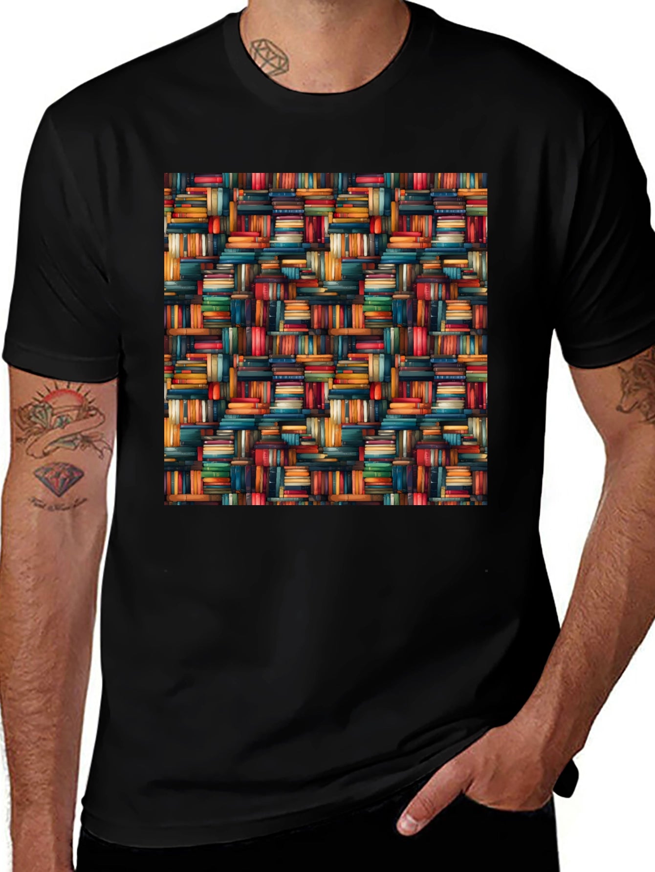 Book Stack Pattern Mens Black T-Shirt