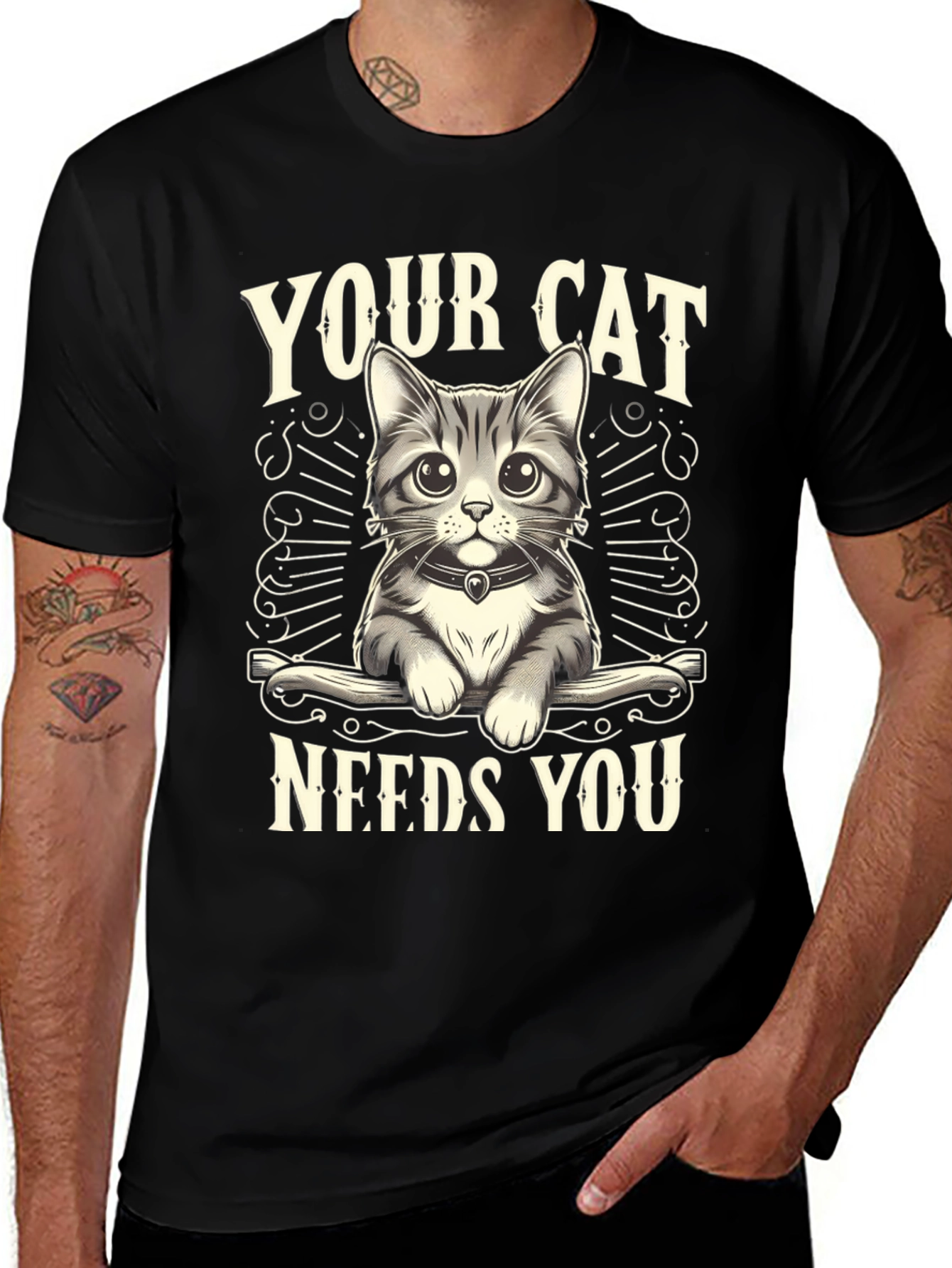 Your Cat Needs You Black T-Shirt